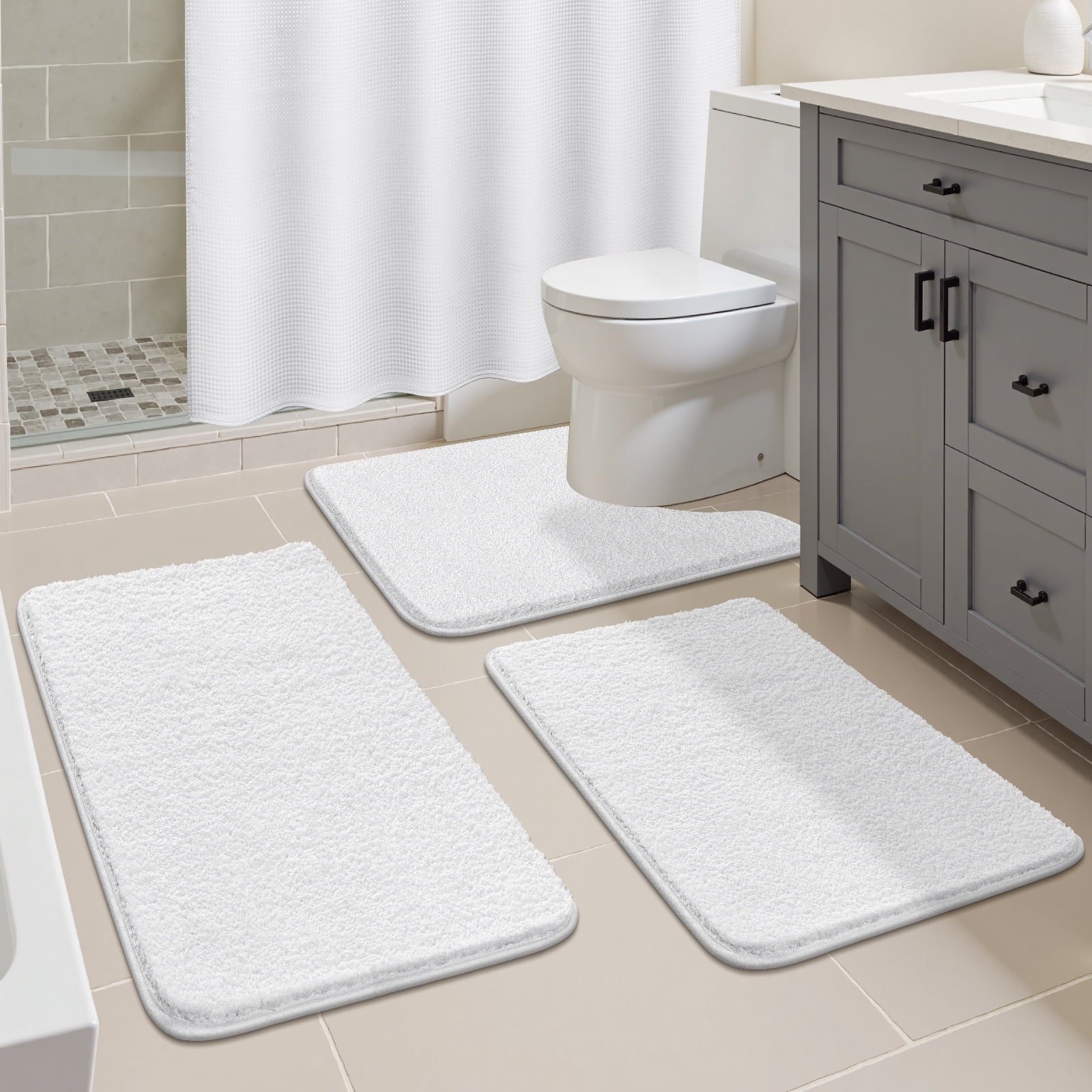 ‌Ileading 16-Piece Shower Curtain Set with Rugs, Waterproof Waffle Shower Curtain & Soft Non-Slip Bath Rugs with 12 Hooks, White Bathroom Se - Image 3