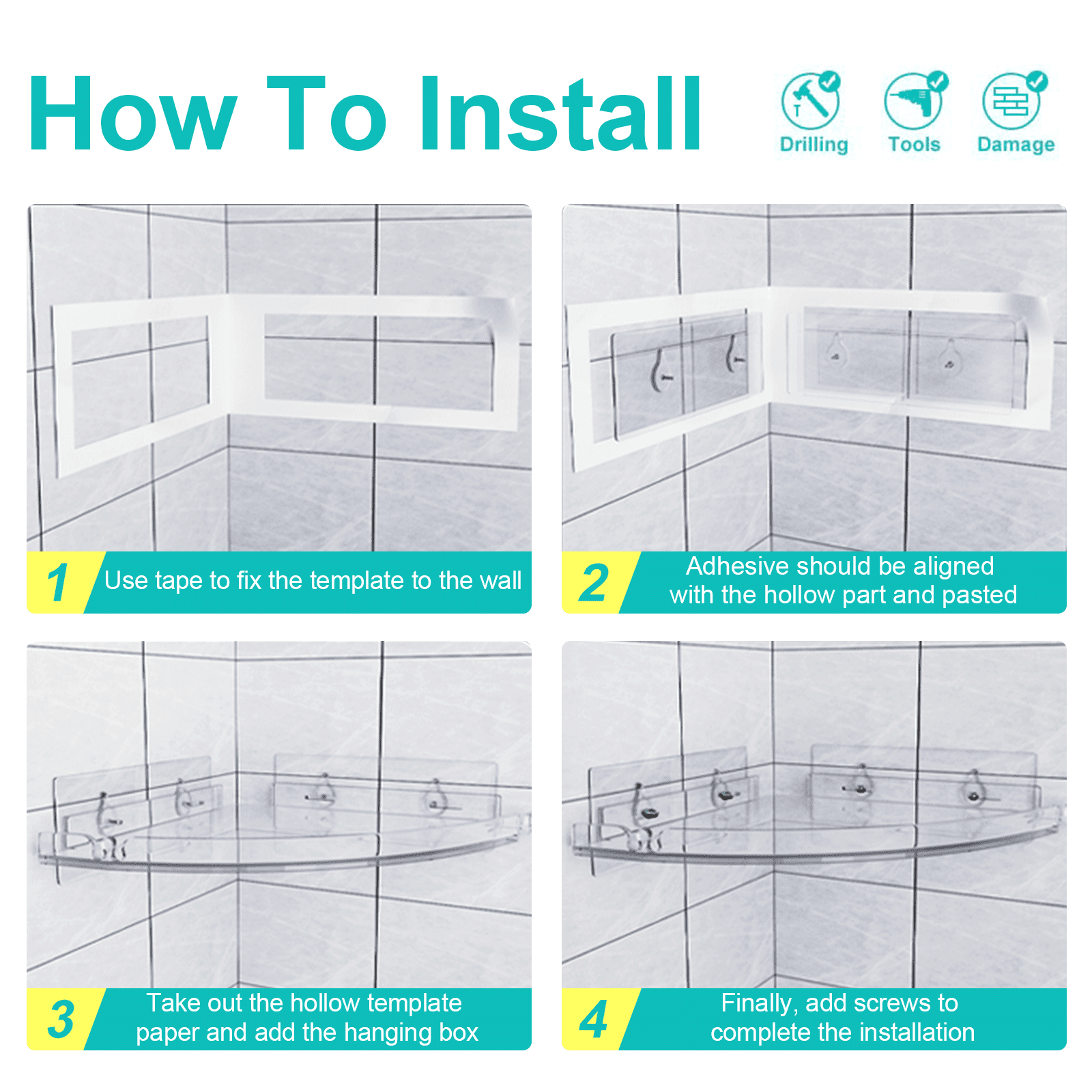 Shower Shelves,Adhesive Shower Caddy Organizer for Bathroom Storage Home Decor,Clear, Rustproof, No Drilling Bathroom... - Image 6