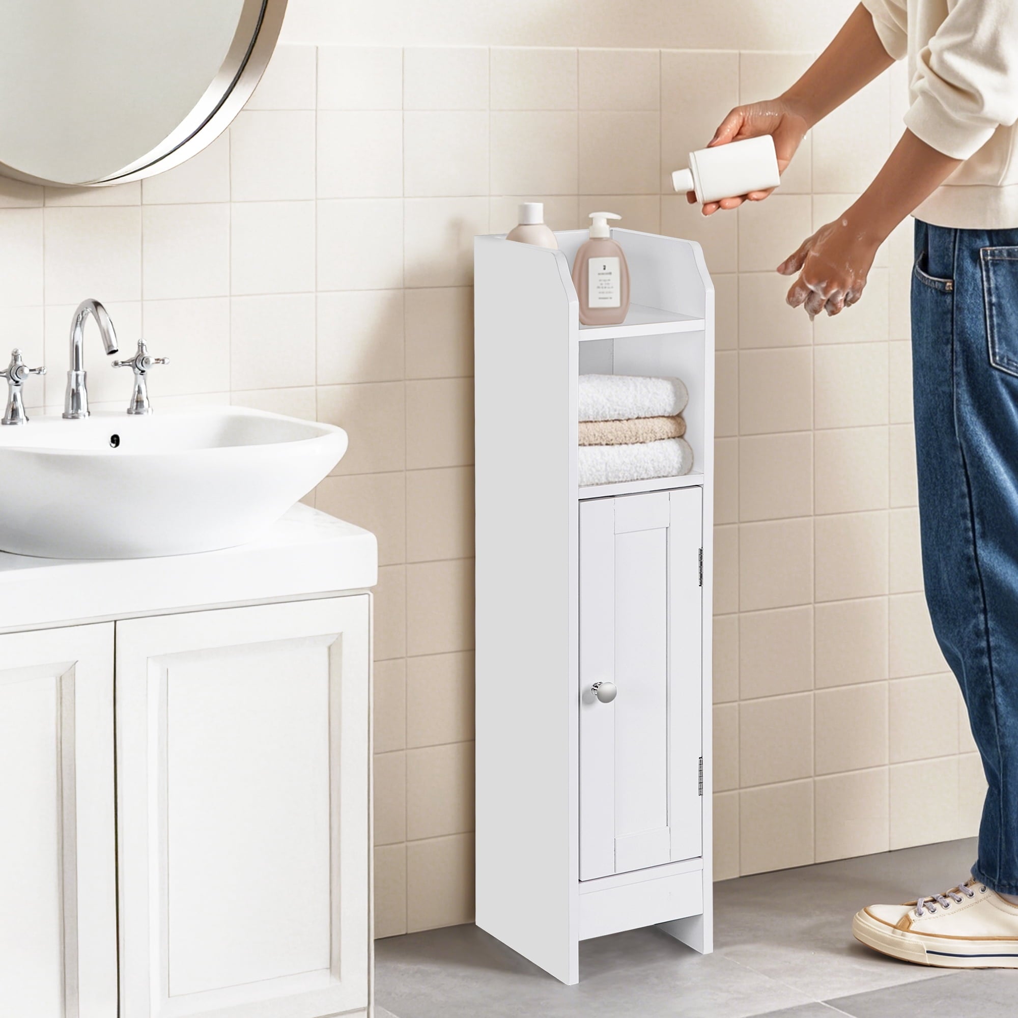 Bathroom Cabinet Slim Storage Cabinet with Adjustable Shelves Freestanding Floor Cabinet White - Image 2