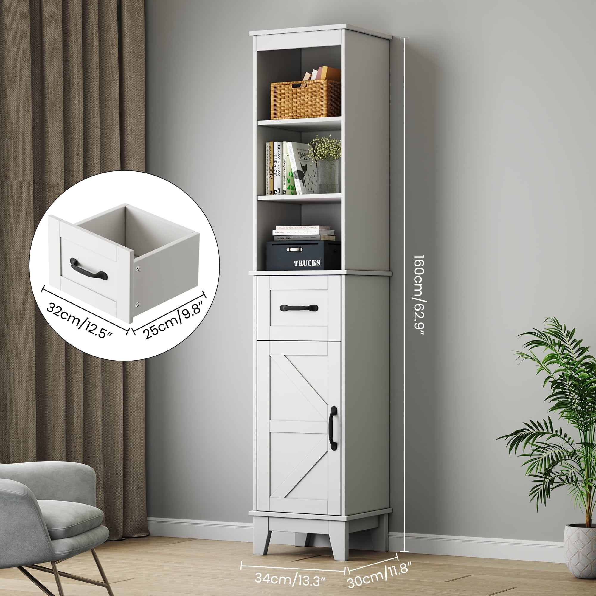 Bathroom Storage Cabinet, Narrow Bathroom Storage, Freestanding Linen Cabinet with Barn Door and Drawer, White - Image 6