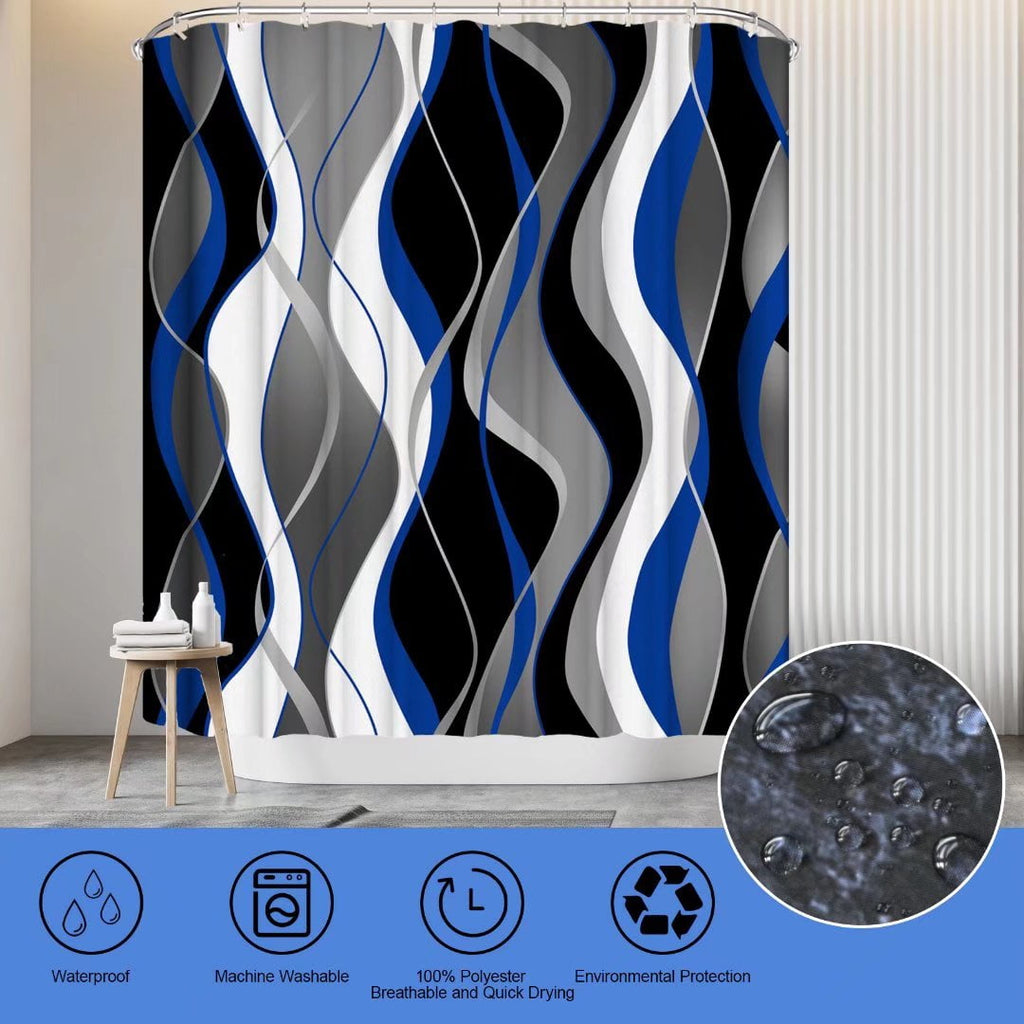 4Pcs Blue Shower Curtain Sets with Non-Slip Rugs, Toilet Lid Cover and Bath Mat, Black and Gray Bathroom Decor Set Ac... - Image 2