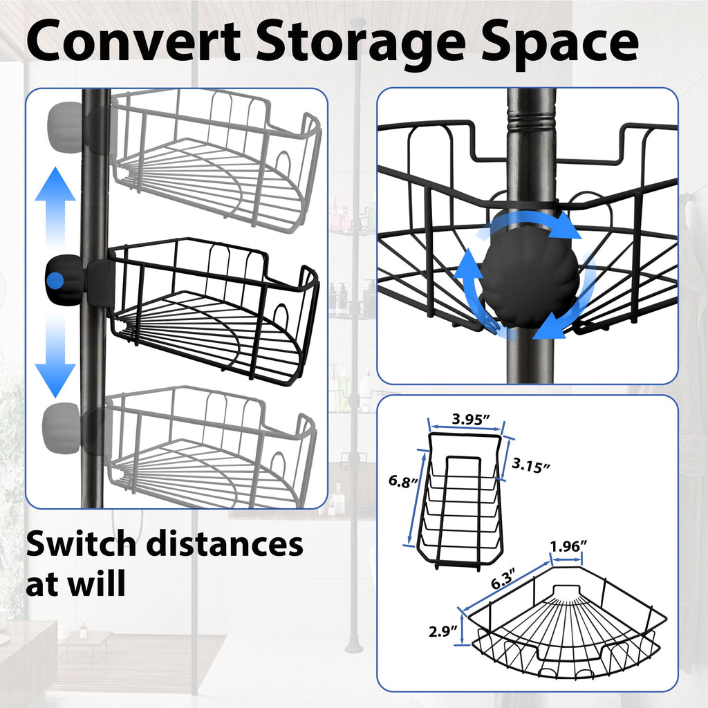 Tension Pole Adjustable Height 56-114Inch Black Metal Bathroom Organizer - Image 5