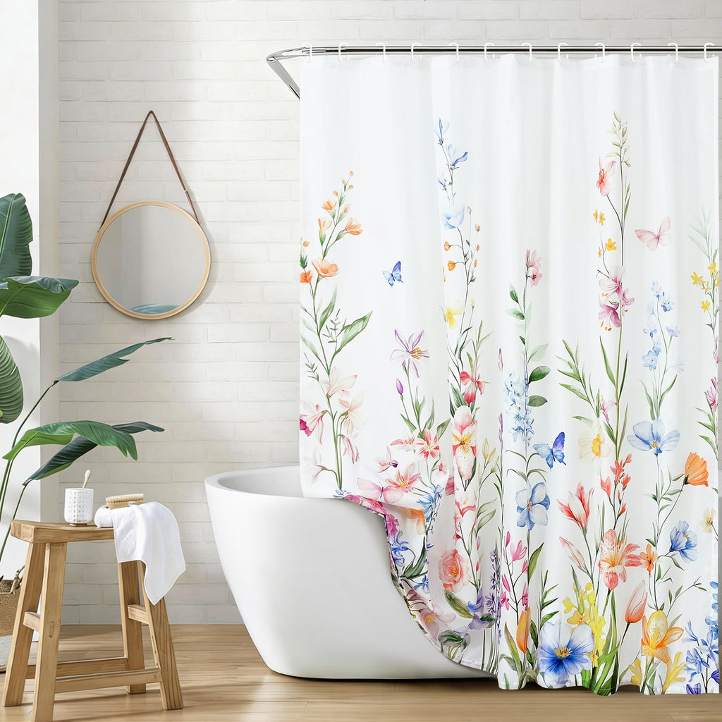 FRAMICS 16-Piece Floral Shower Curtain Sets with Rugs, Watercolor Wildflower Bathroom Sets with Hooks, Waterproof Fabric Bathroom Curtain, M - Image 4