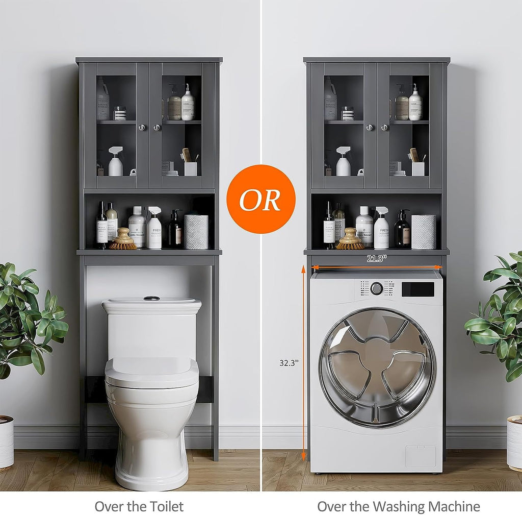 Sobaniilo Over The Toilet Storage Cabinet for Bathroom, Storage Organizer Over Toilet, Space Saver with Tempered Glass Doors, Gray - Image 5