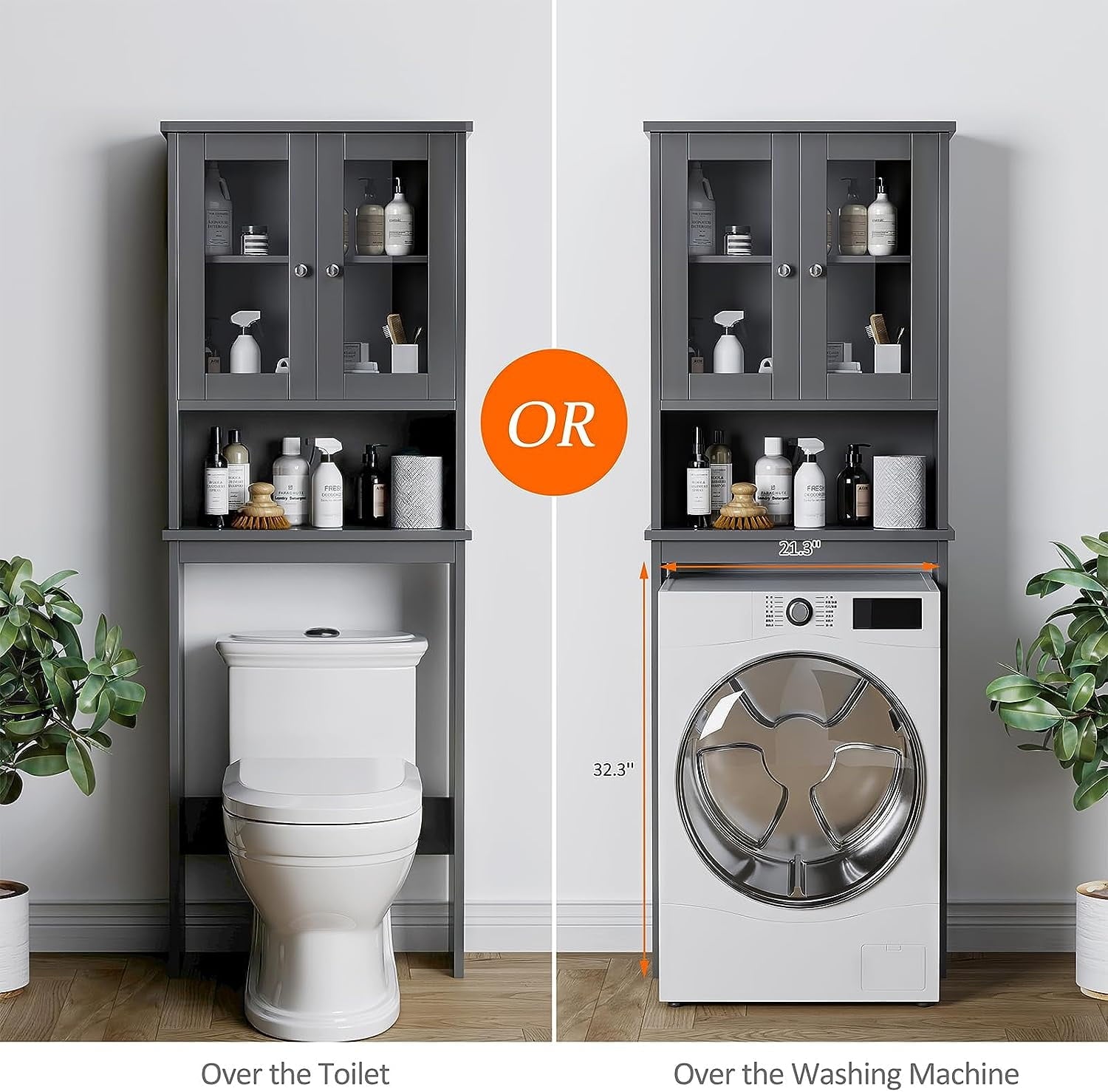 Sobaniilo Over The Toilet Storage Cabinet for Bathroom, Storage Organizer Over Toilet, Space Saver with Tempered Glass Doors, Gray - Image 5