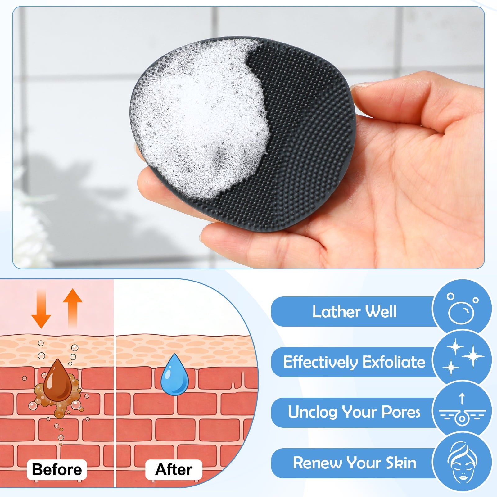 3-Pack Silicone Back Scrubber Set with 14" Long Handle, Body and Face Brushes + 2 Hooks - Deep Exfoliating and Lather... - Image 6