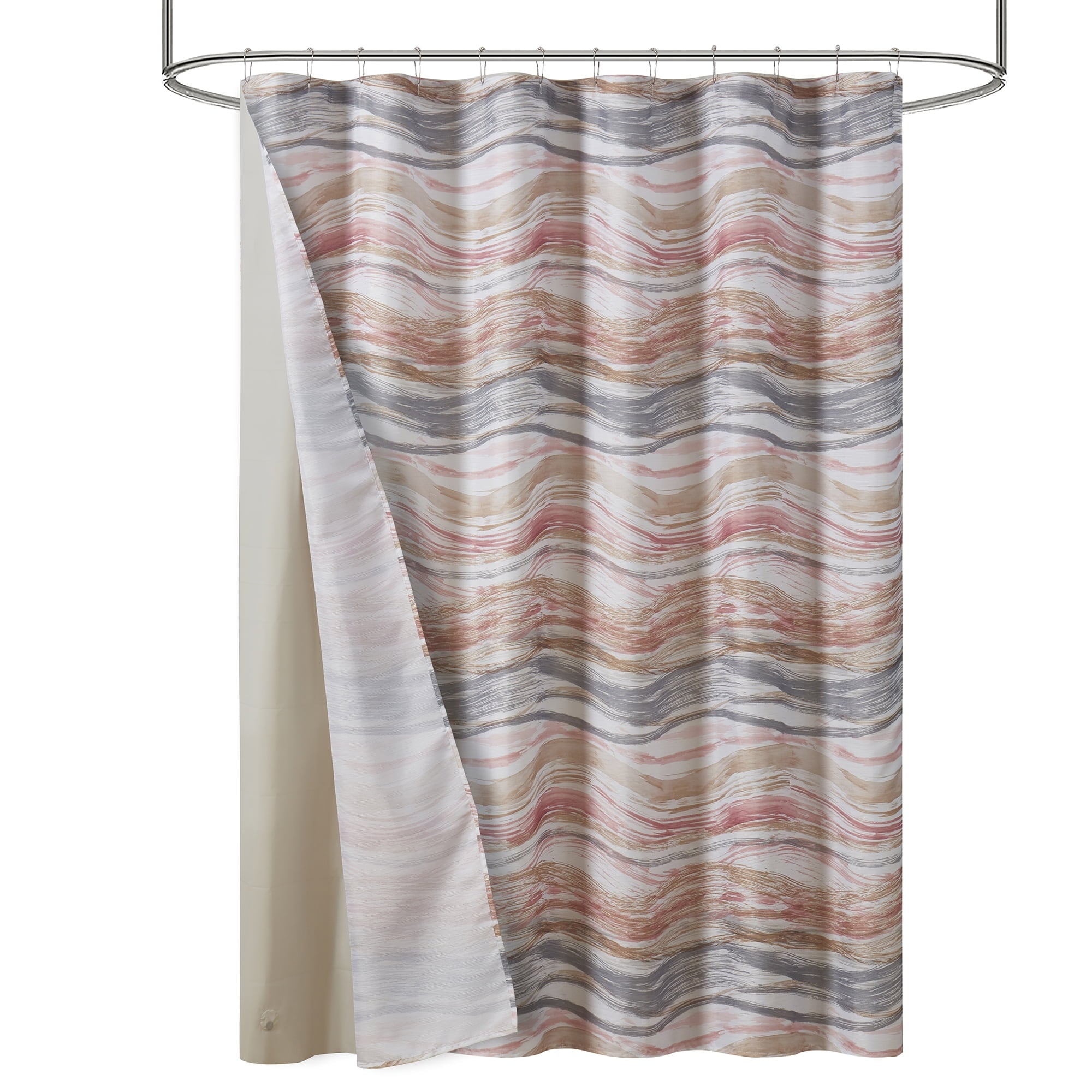 14-Piece Wave Shower Curtain Set 72" x 72" Fabric Curtain, Liner & Metal Hooks, Moisture-Repellent, Machine Washable - Image 2