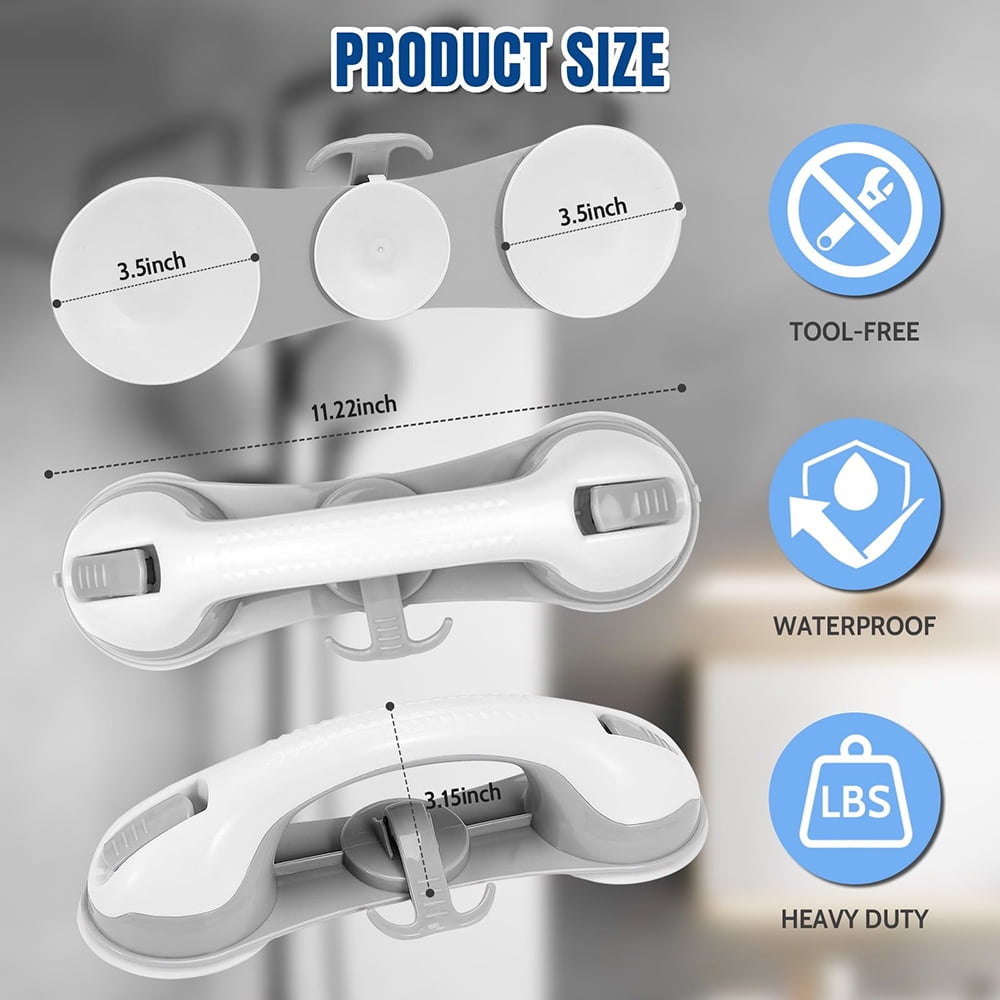 for Showers & Bathtubs, 2 Pack, 3 Strong Suctions Heavy Duty Shower Handle, 12 Inch Anti Slip Bath Grip for Seniors, ... - Image 2