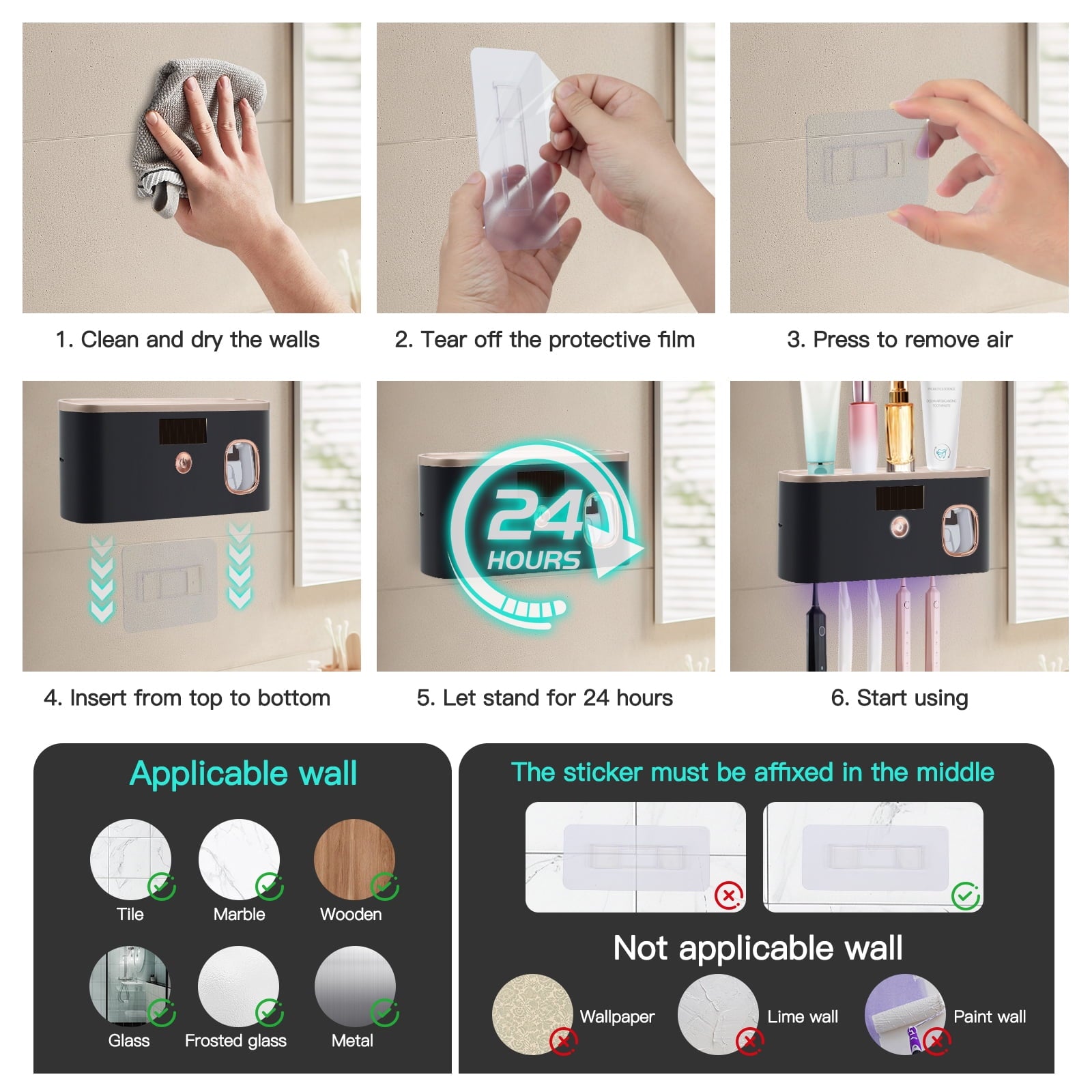 Holder for Bathrooms,5-Slot Wall Mount Timing Function Wall Mounted with Toothpaste Dispenser for Electric / Regular - Image 5