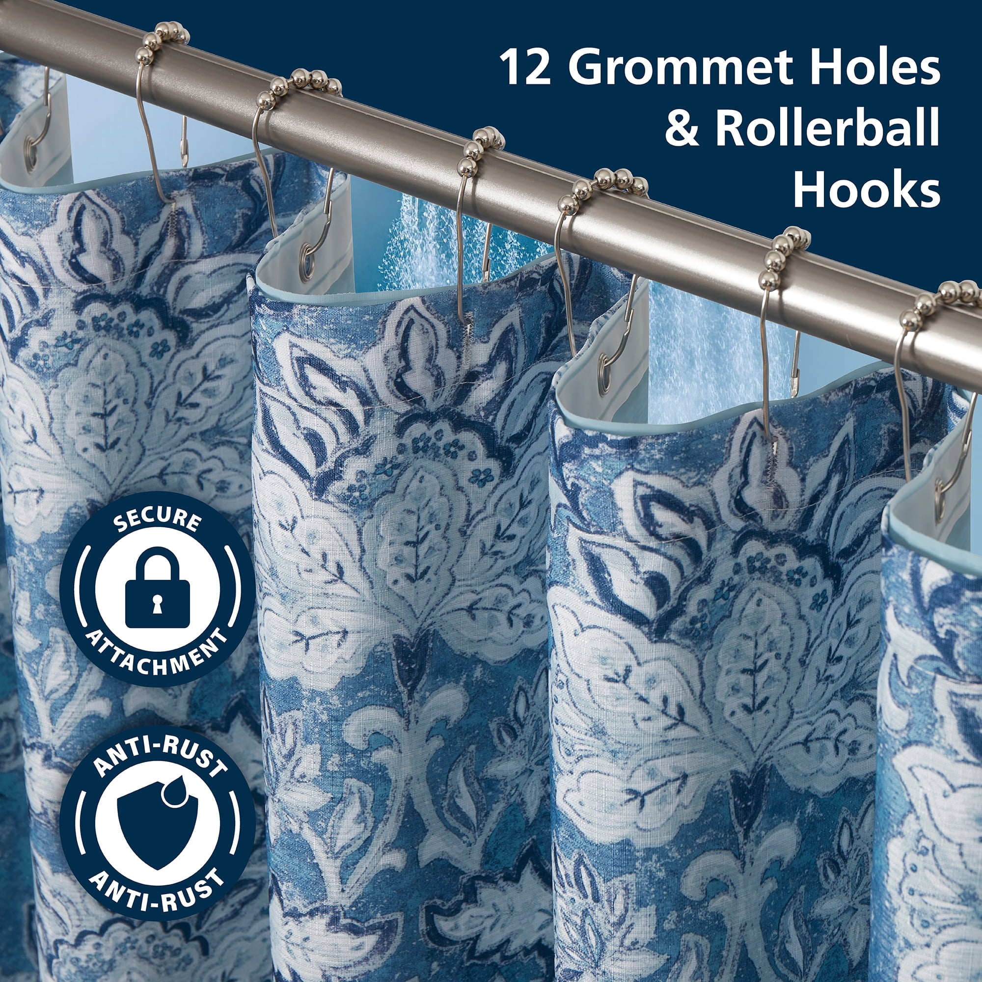 Mainstays 14-Piece Blue Medallion Shower Curtain Set  Fabric Curtain, PEVA Liner & Metal Hooks, 72"x72", Moisture-Resistant - Image 4
