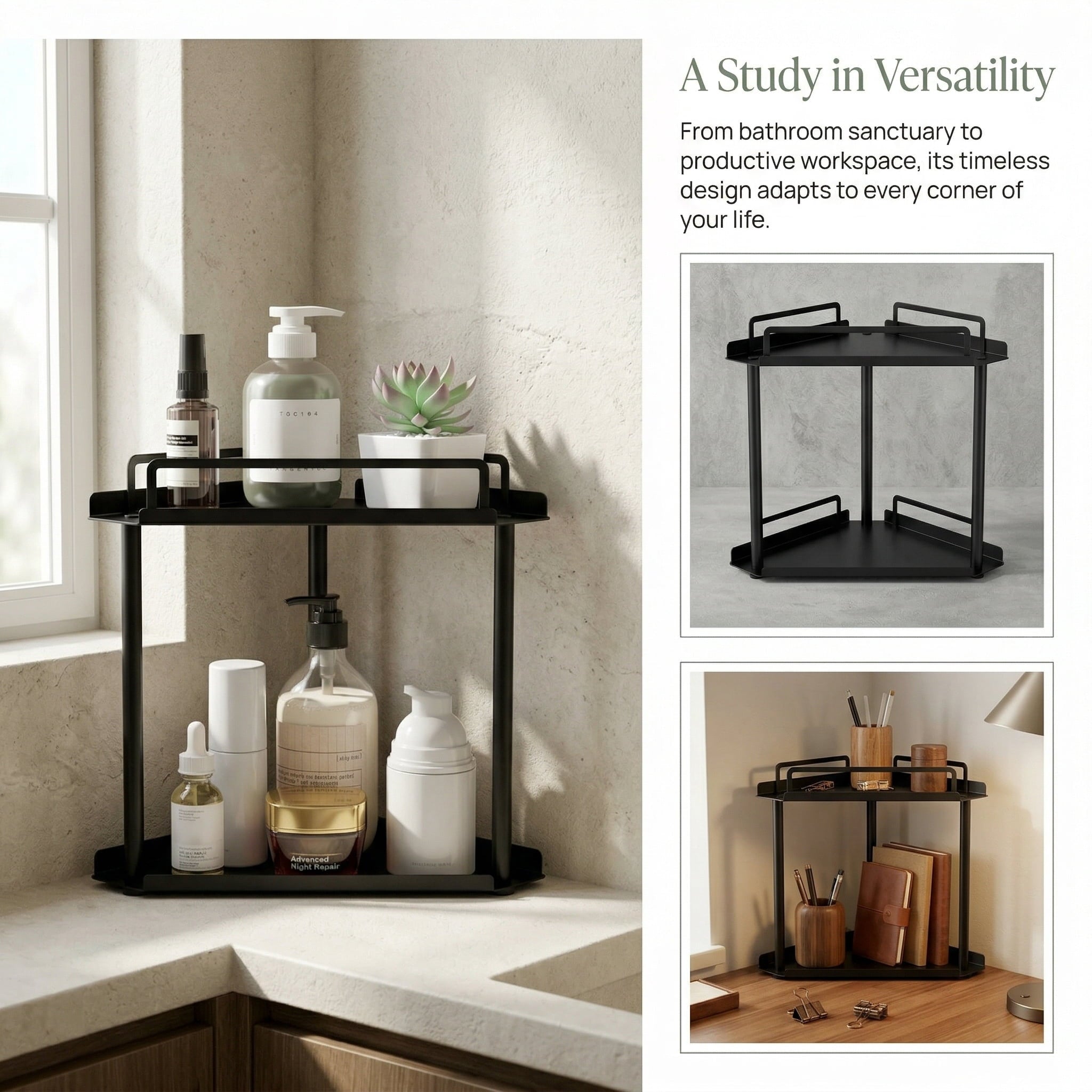 2-Tier Metal Corner Countertop Organizer, Sturdy Bathroom & Vanity Shelf with Guardrails, Space-Saving Storage for Ki... - Image 5