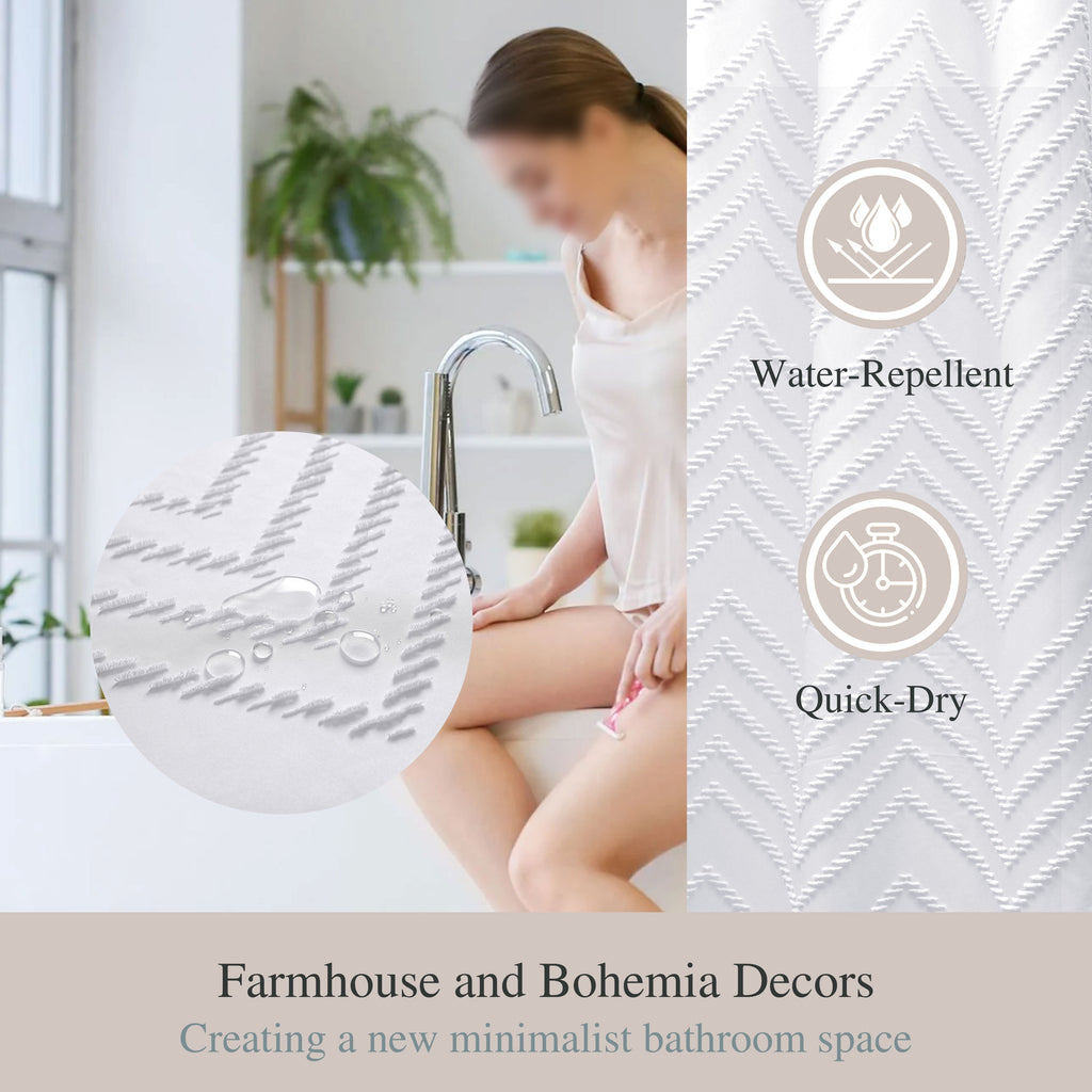White Fabric Shower Curtains , Mildew-Resistant,Weighted-Hem Boho Bathroom Curtain,Water-Repellent, Machine-Washable,... - Image 4