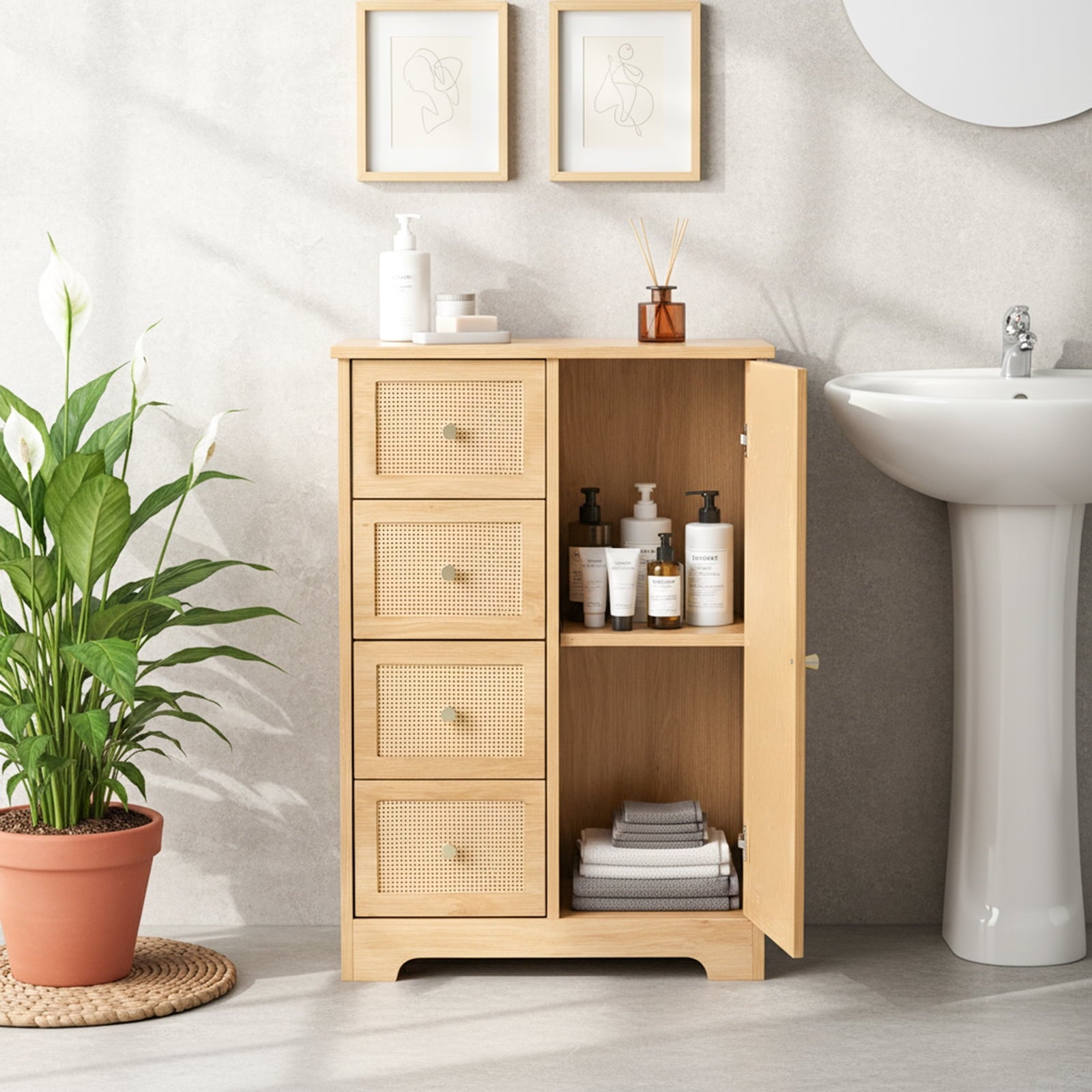 Ktaxon Wooden Bathroom Floor Cabinet, Side Storage Organizer with 4 Drawers, 1 Cupboard & 2-Shelves, Rattan - Image 3