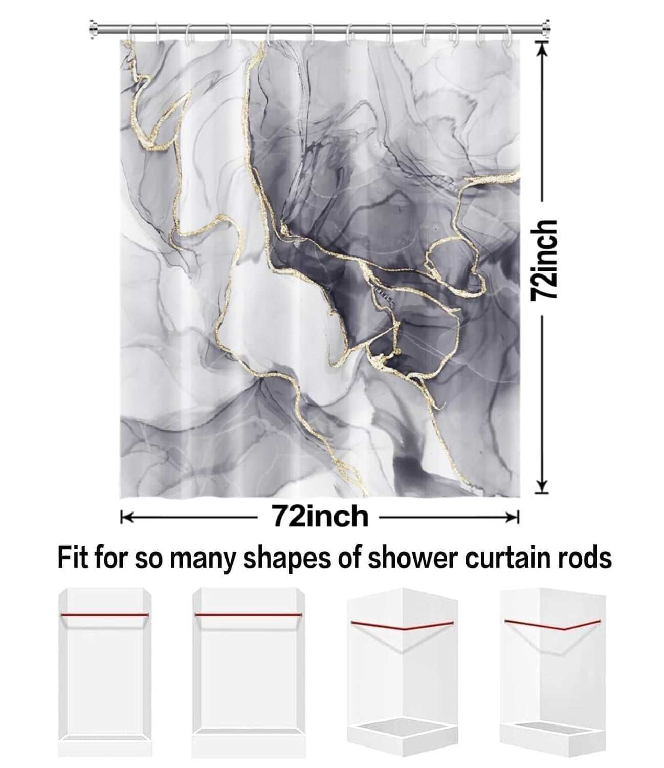 Grey Shower Curtain, Ombre Grey Marble Shower Curtain for Bathroom, Modern Aesthetic Ink Texture Waterproof Fabric Ba... - Image 4