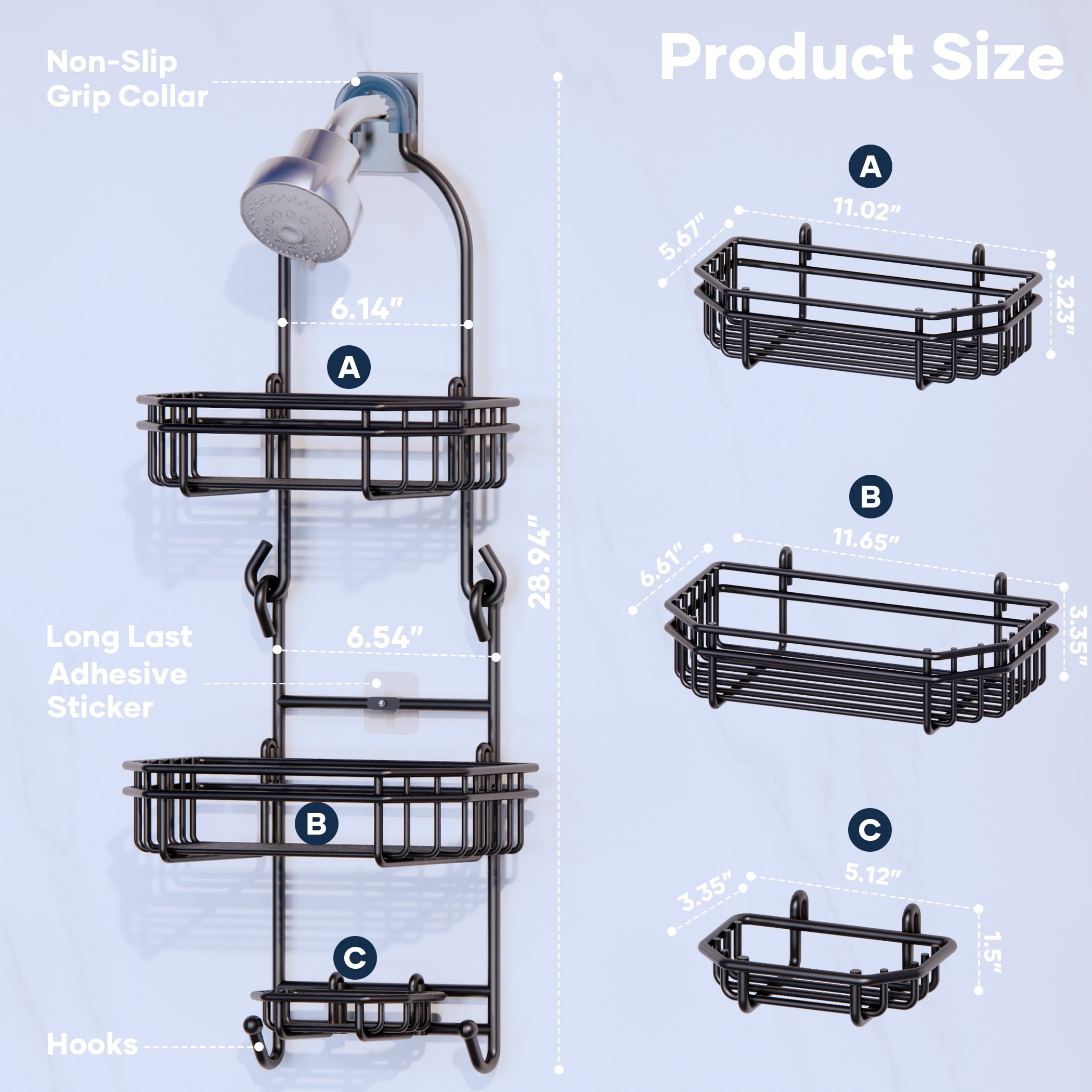 Topritt Shower Caddy - Hanging Over Shower Head, Fits 1" Standard Pipe, Large Storage for Shampoo & Soap Holder, No-Drill, Black - Image 4