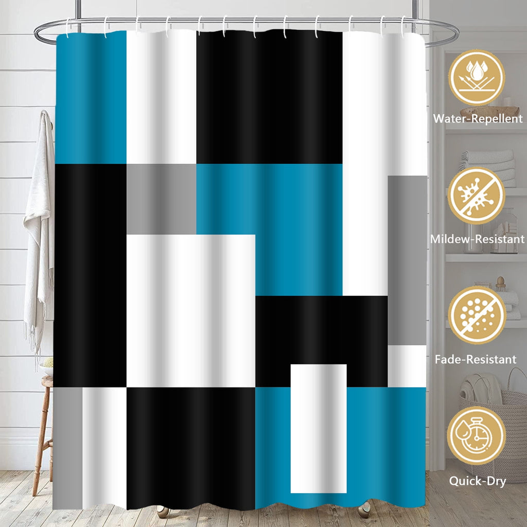 Blue Geometric Shower Curtain Sets with Rugs, 16 Pc Modern Abstract Checkered Bathroom Sets, Waterproof Fabric Bathro... - Image 3