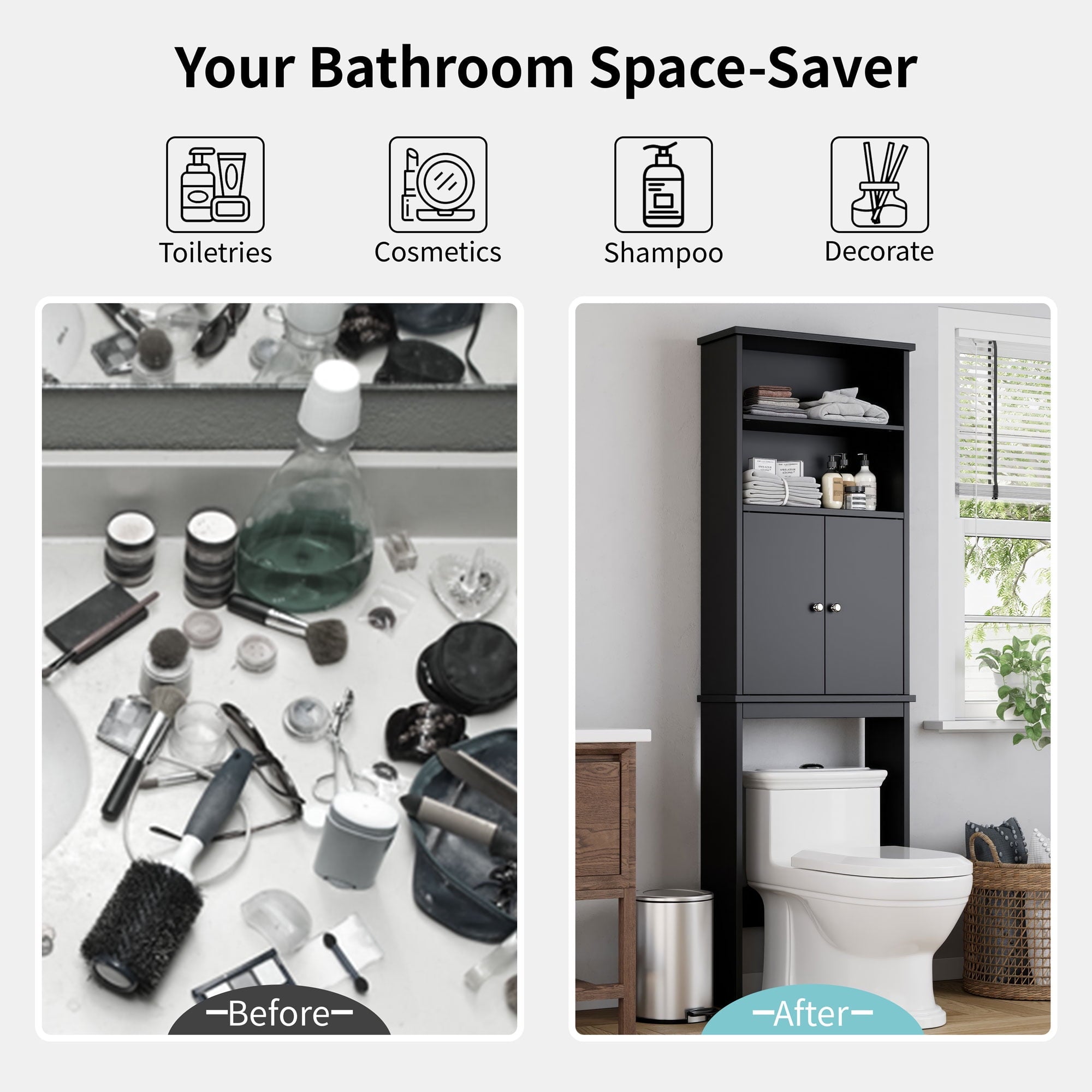 the Toilet Storage Cabinets Wood Bathroom Organizer Shelf Rack Space Saver with 2 Doors 4 Shelves Anti-Tip Device Black - Image 4