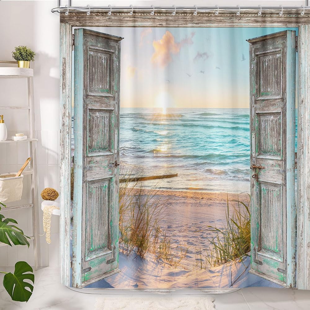 Shower Curtain, Teal Ocean Sunrise Seaside Seascape Nautical y Shower Curtain Set, Rustic Barn Door Seashore Fabric S... - Image 2