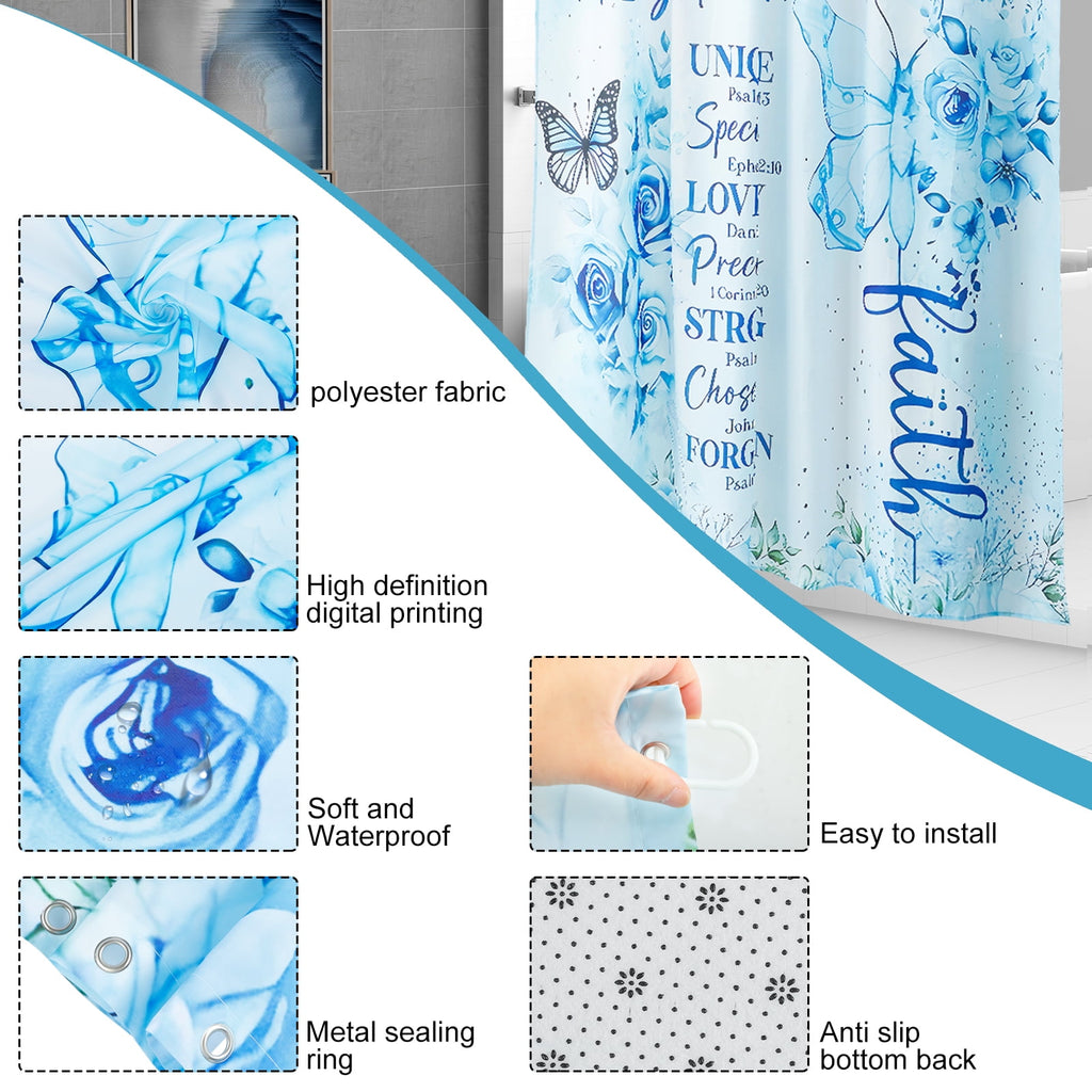 Dznils Blue Floral Shower Curtain Sets with Rugs, 16pc Butterfly Bathroom Curtain Set, 72" x 72" - Image 5