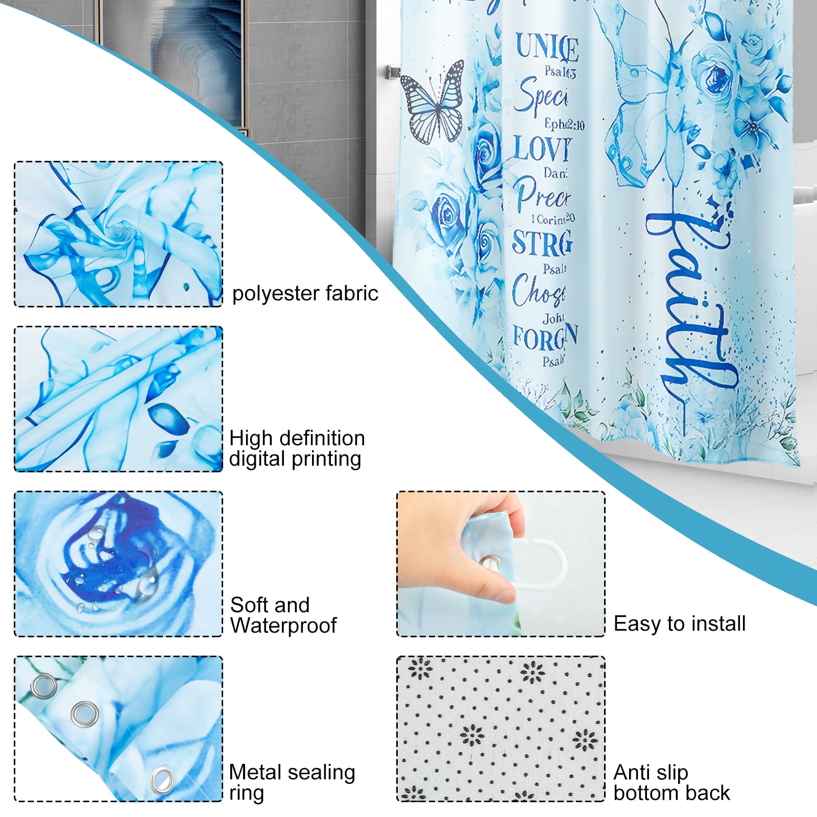 Dznils Blue Floral Shower Curtain Sets with Rugs, 16pc Butterfly Bathroom Curtain Set, 72" x 72" - Image 5
