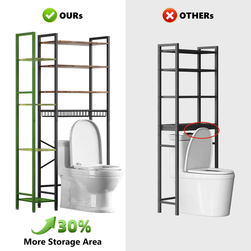 Biemlerfn 8-Tier Over the Toilet Rack, Bathroom Storage Organizer with Adjustable Shelves, Toilet Paper Holder & Hooks, Brown - Image 3