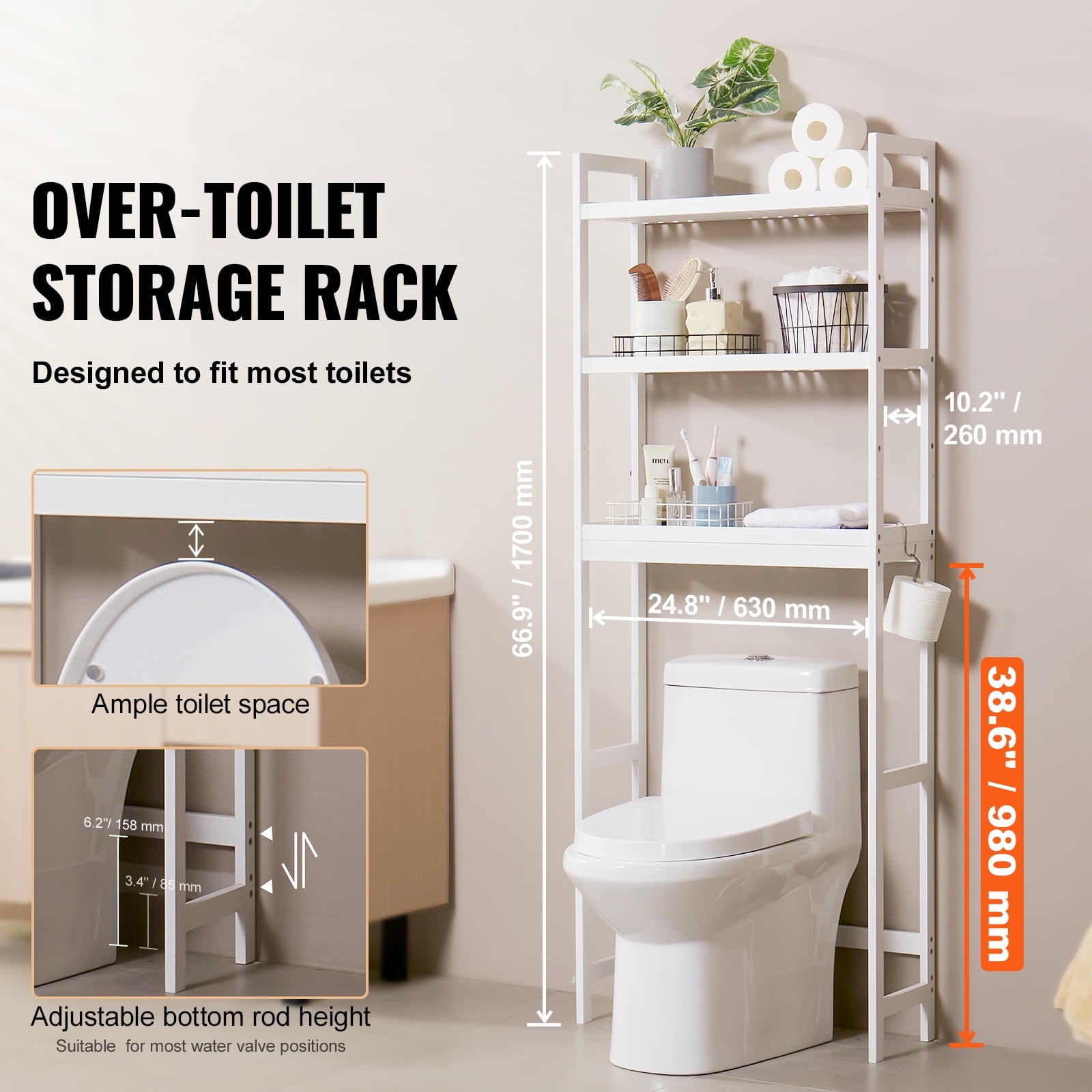 Bathroom Storage Above Toilet, 3-Level Adjustable Bamboo Organizer, Shelf Rack with Trio Hooks, Independent Assembly ... - Image 2