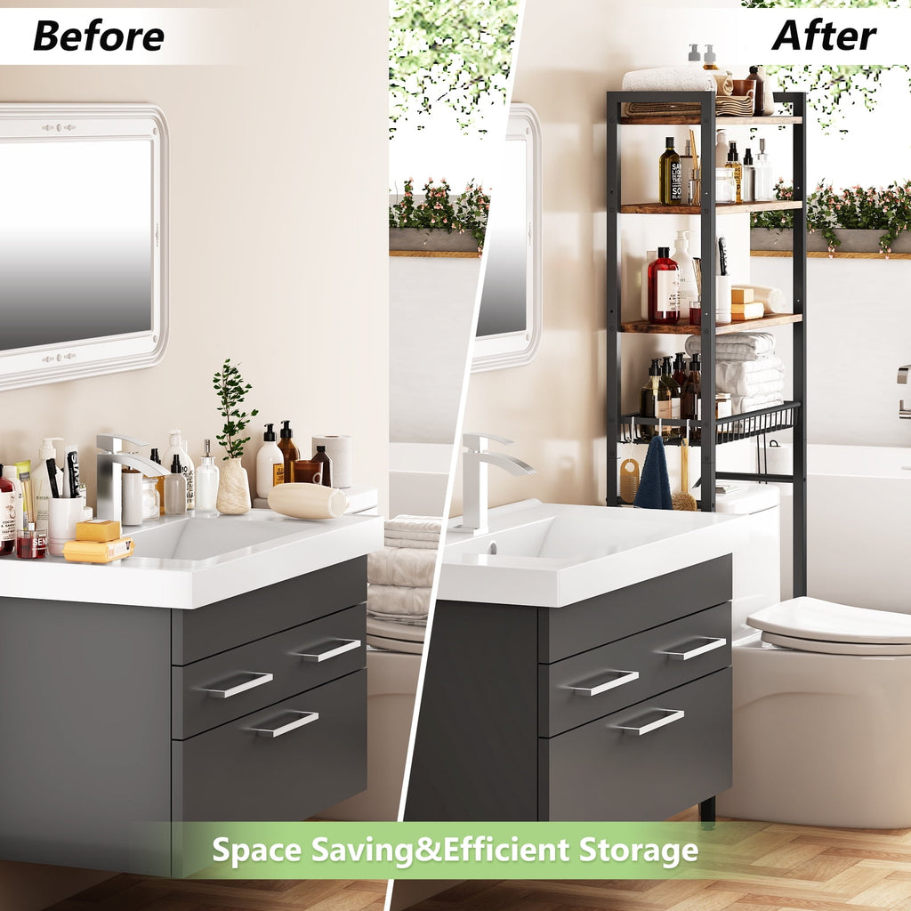 The Toilet Storage Shelf, 4-Tier Wooden Bathroom Organizer Adjustable Saver Space Rack with Toilet Paper Holder, Vint... - Image 5
