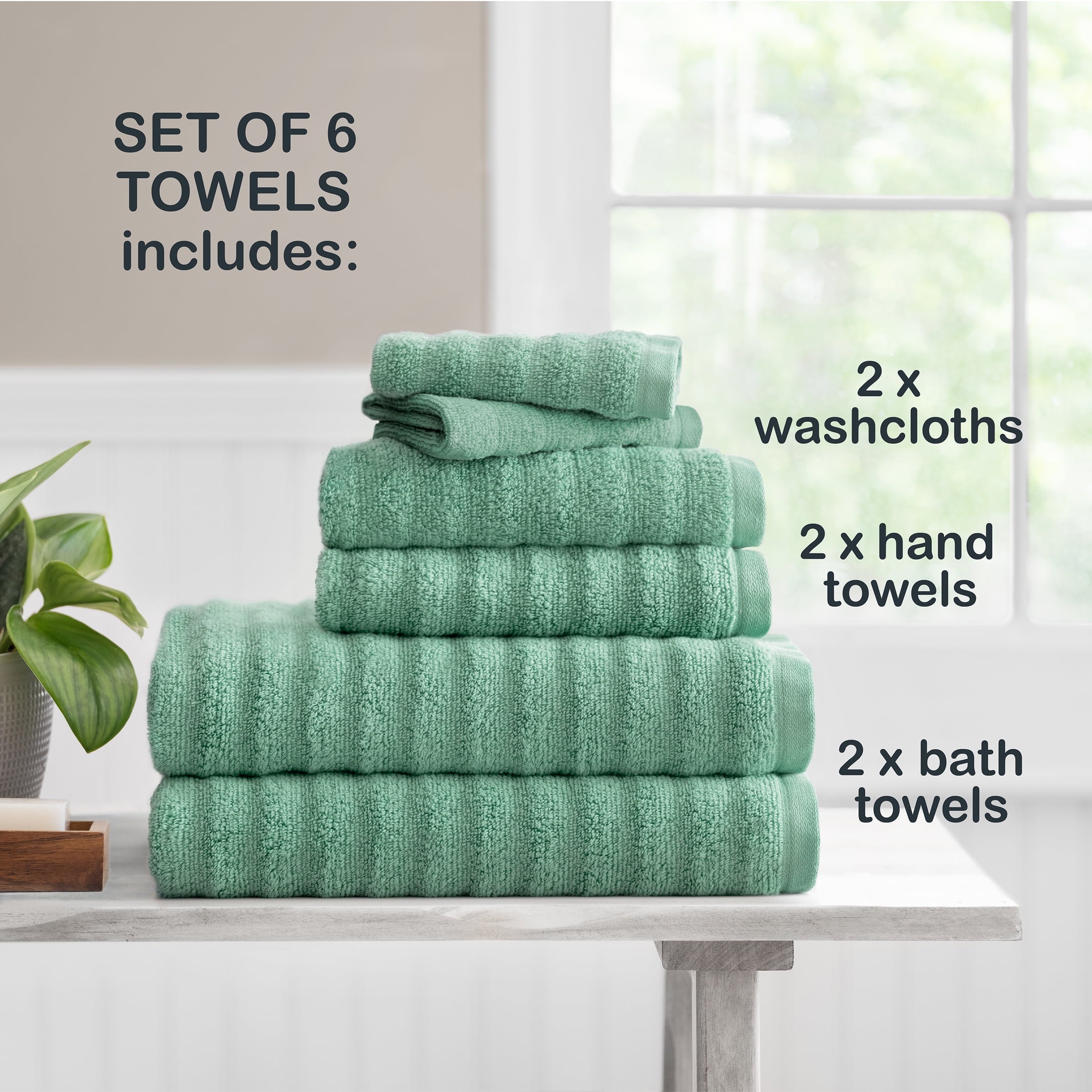 6-Piece Bath Towel Set, Super Soft Quick Dry Fade Resistant, Textured Green - Image 4