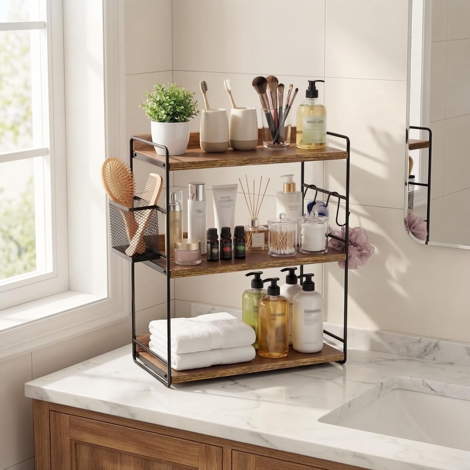 3-Tier Bathroom Counter Organizer with Basket, Vanity Organizer Counter Shelf for Skincare & Makeup Storage, Wood Cou... - Image 6