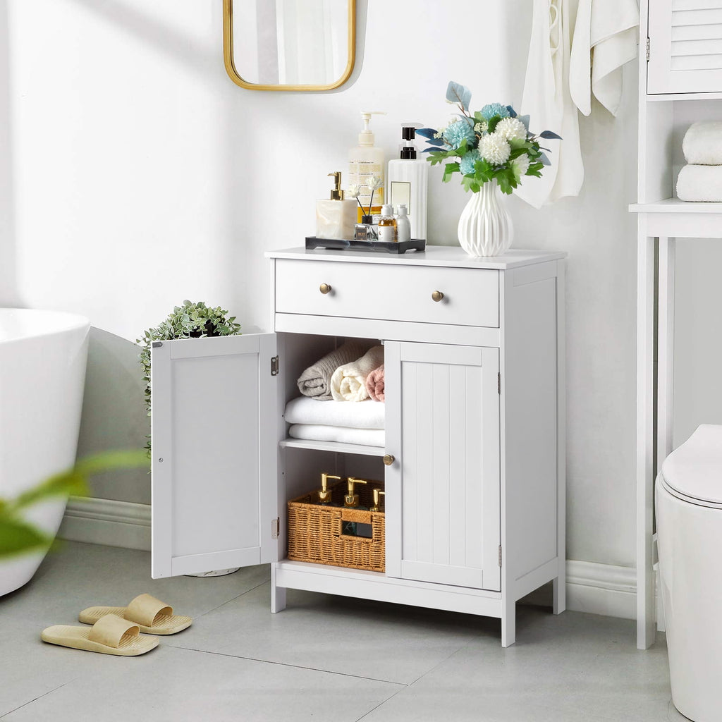 Bathroom Floor Cabinet, Freestanding Storage Cupboard w/ Drawer and 2 Doors, White - Image 3