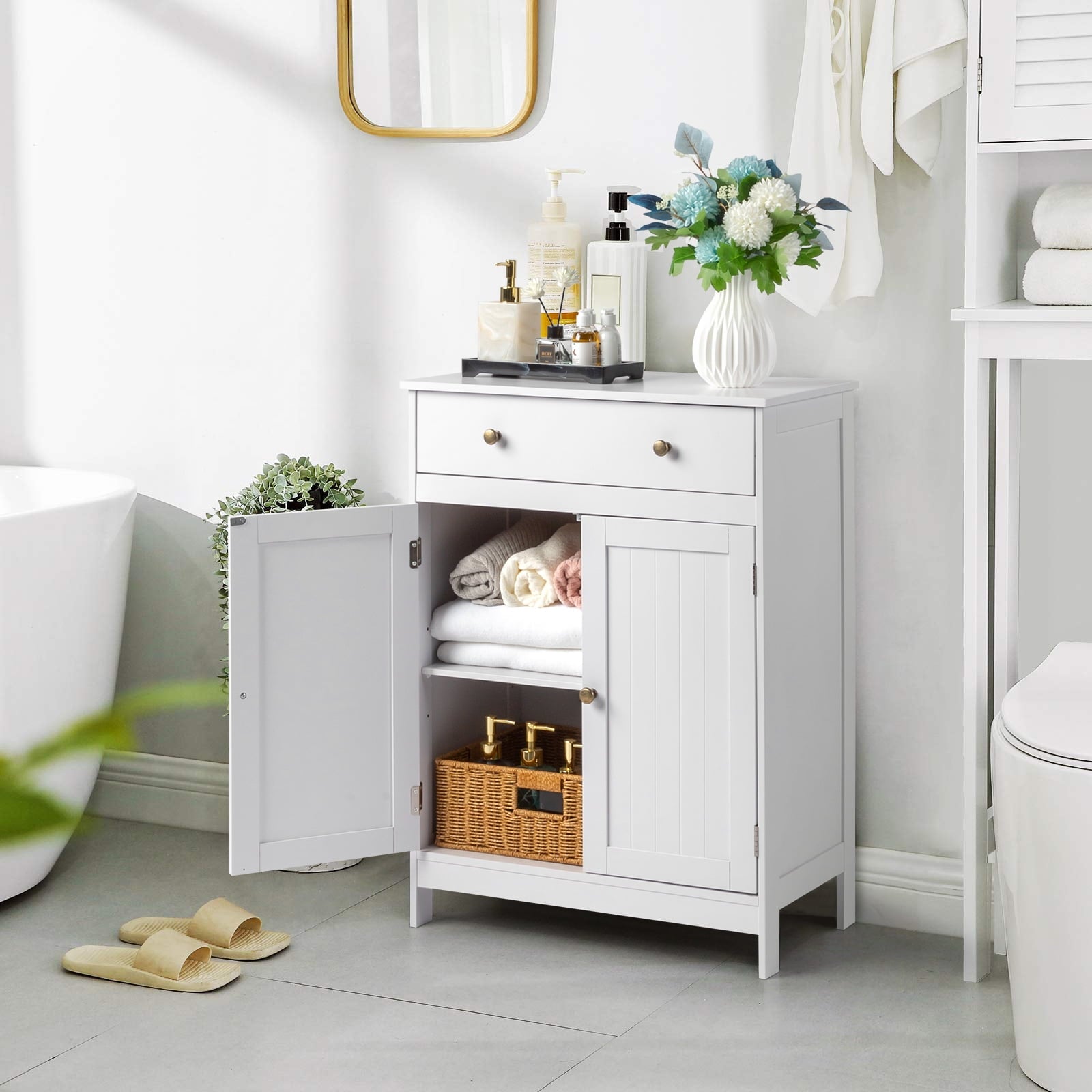 Bathroom Floor Cabinet, Freestanding Storage Cupboard w/ Drawer and 2 Doors, White - Image 3