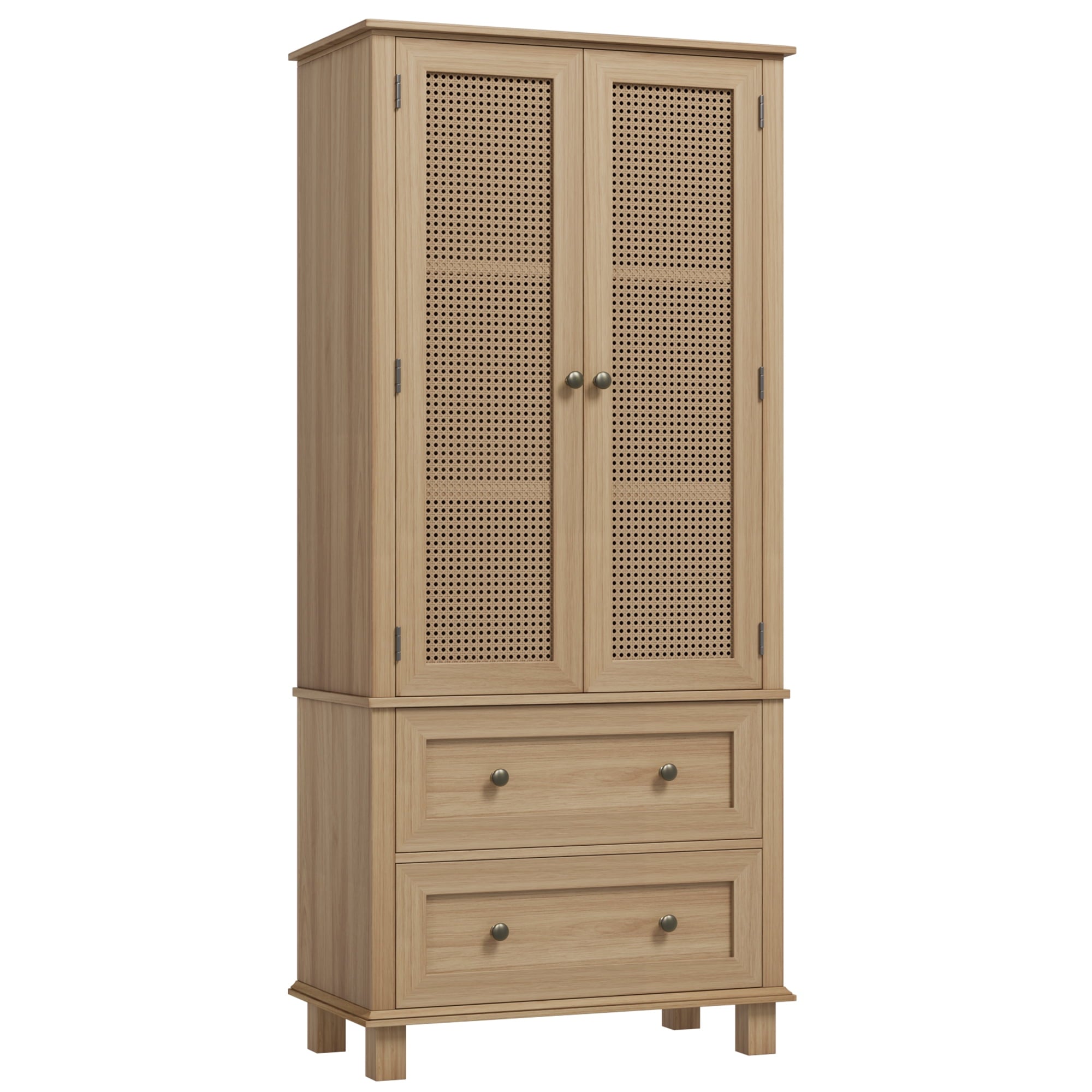 Bathroom Cabinet with Rattan Doors, Rattan Linen Storage Cabinet with 2 Drawers, Oak - Image 3