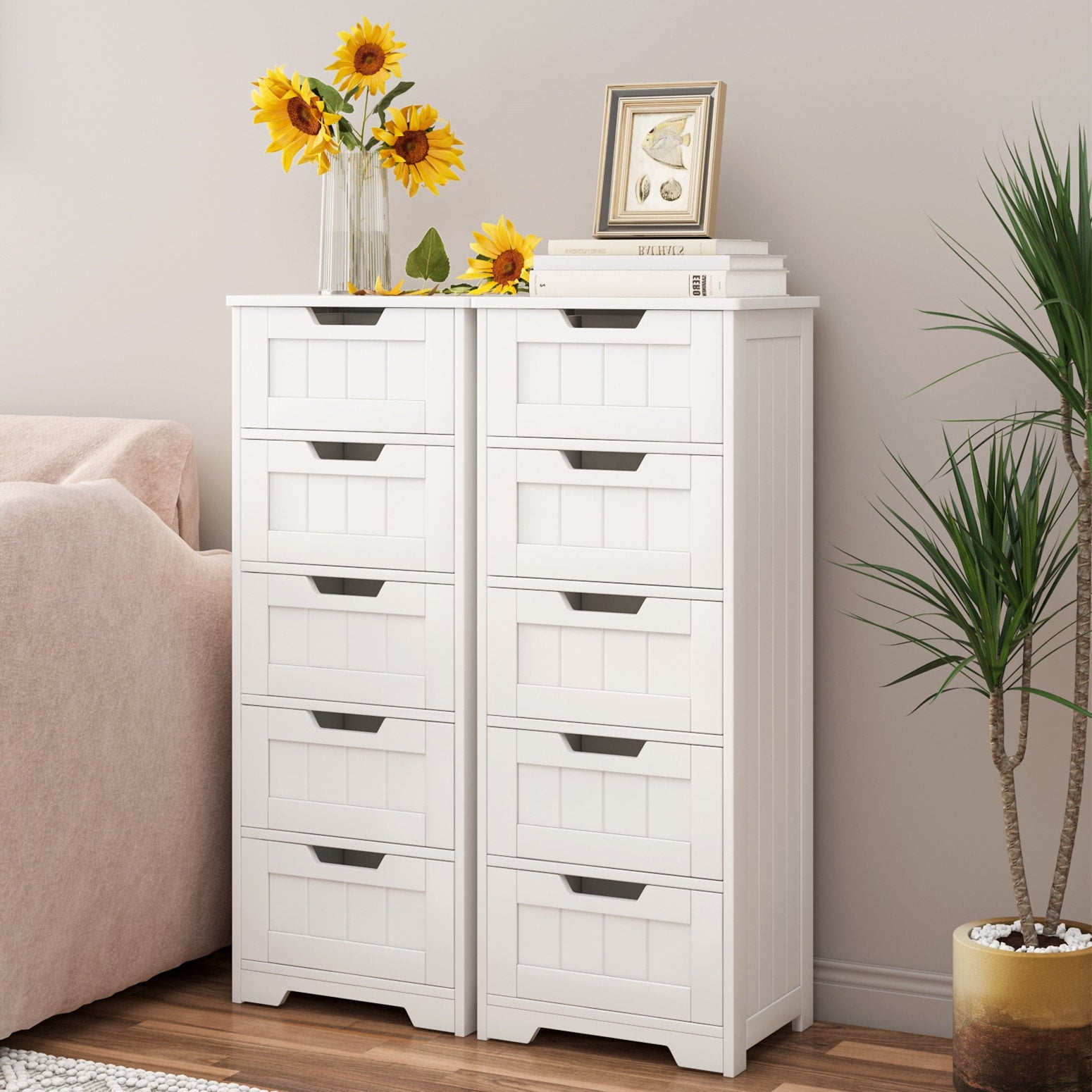 Bathroom Cabinet, Free Standing Storage Cabinet with 5 Drawers Organizer Unit for Living Room Bedroom, White - Image 6