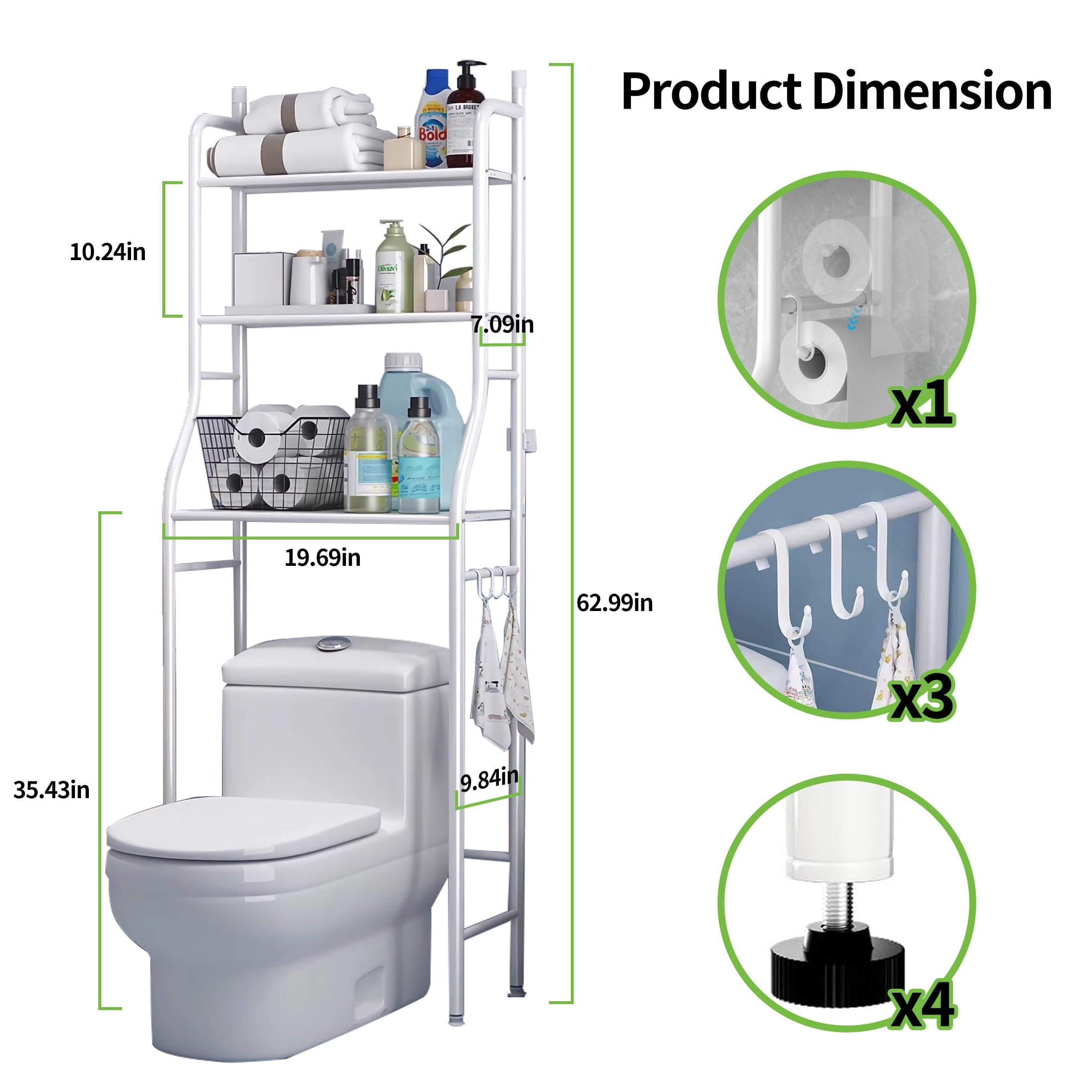 the Toilet Storage, 3-Tier Bathroom Organizer with Paper Holder & 3 Hooks, Sturdy & Stable Freestanding Space Saver T... - Image 3