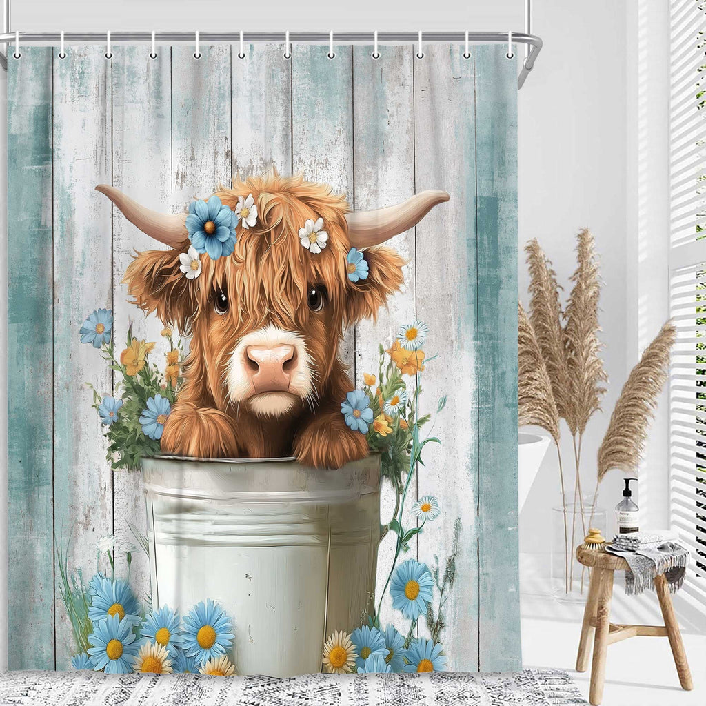 Funny Highland Cow Shower Curtain, Cute Farmhouse Teal Floral Western Wood Animal Shower Curtain Set, Country Rustic Turquoise Bathroom Acce - Image 3