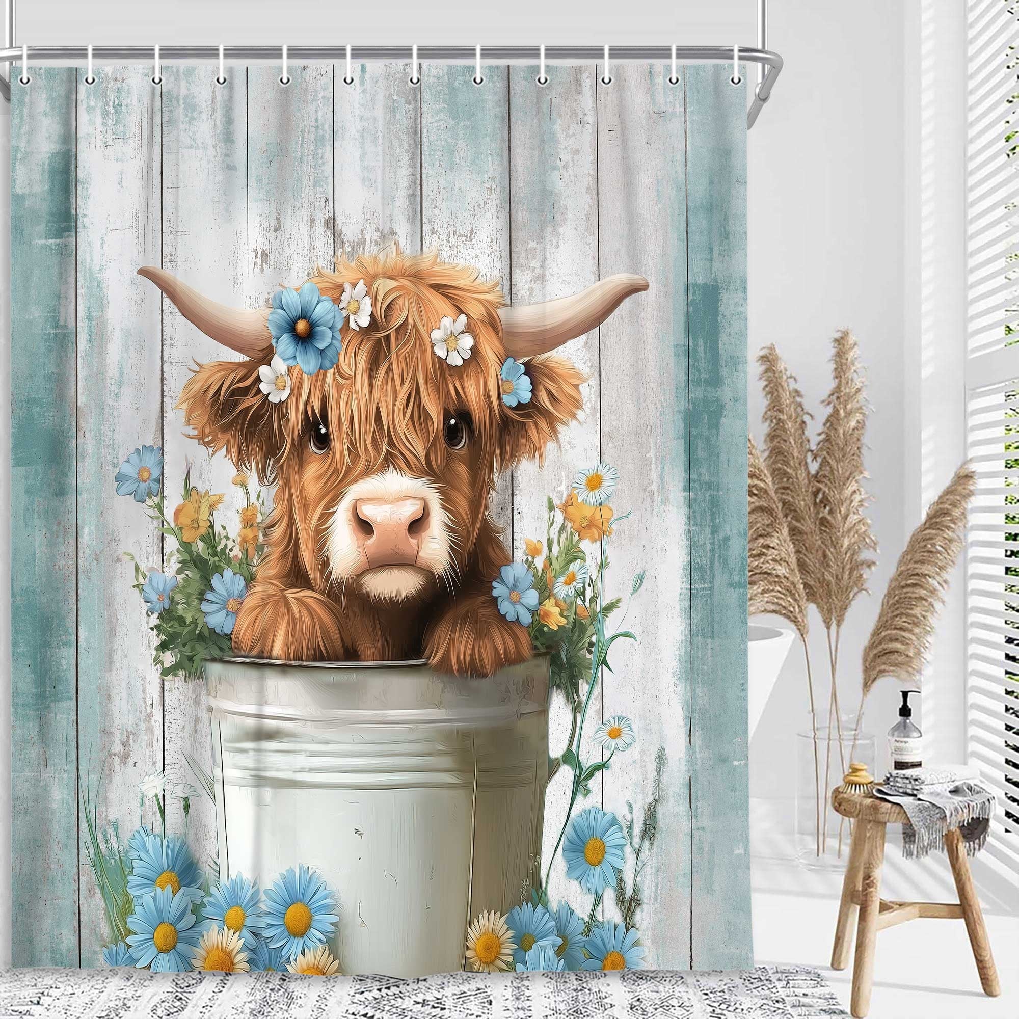 Funny Highland Cow Shower Curtain, Cute Farmhouse Teal Floral Western Wood Animal Shower Curtain Set, Country Rustic Turquoise Bathroom Acce - Image 3