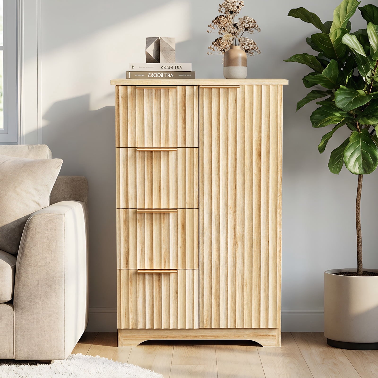 Bathroom Floor Cabinet, Fluted Storage Cupboard with 4 Drawers & 1 Door, Freestanding Wooden Organizer for Bathroom, ... - Image 3