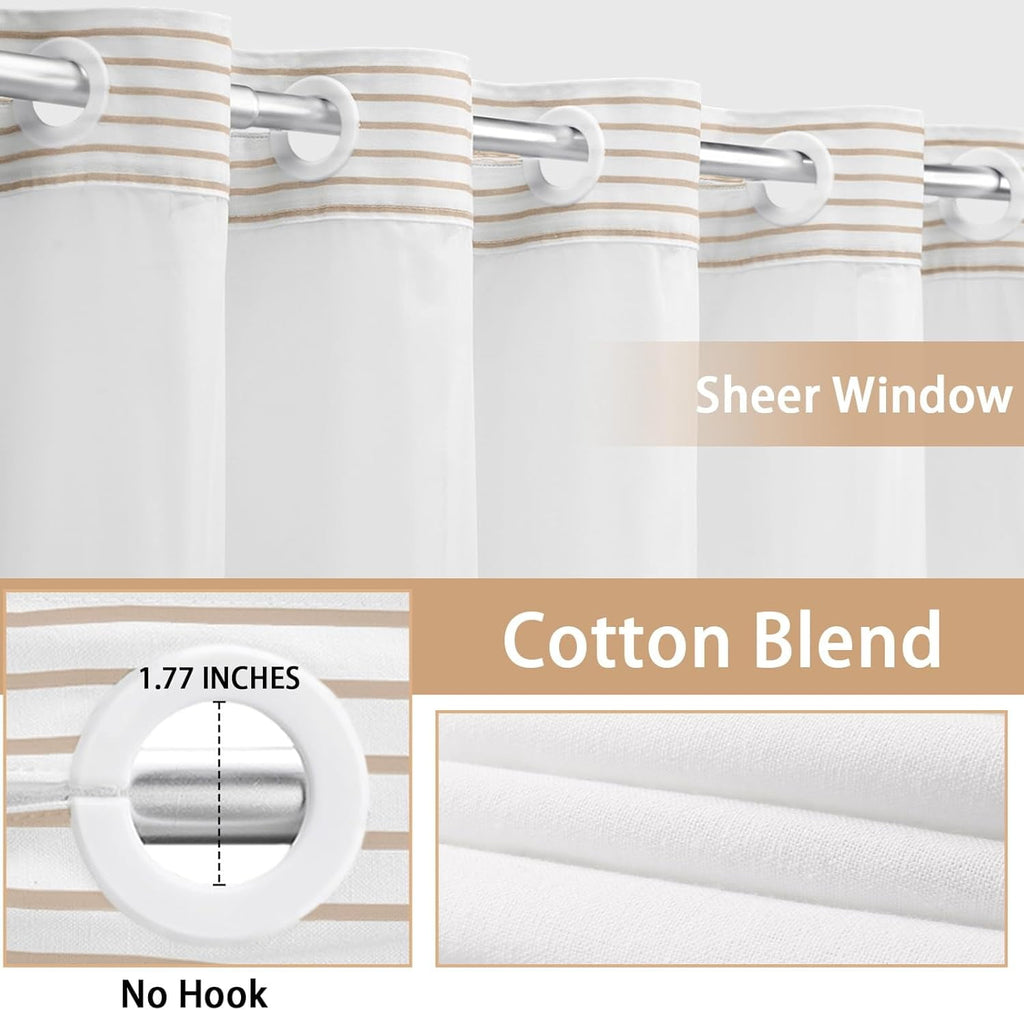 Curtain with Snap in Liner Set Cotton and Linen Blend Curtain for Bathroom Boho Farmhouse Beige Striped 75" L x 72" W - Image 4