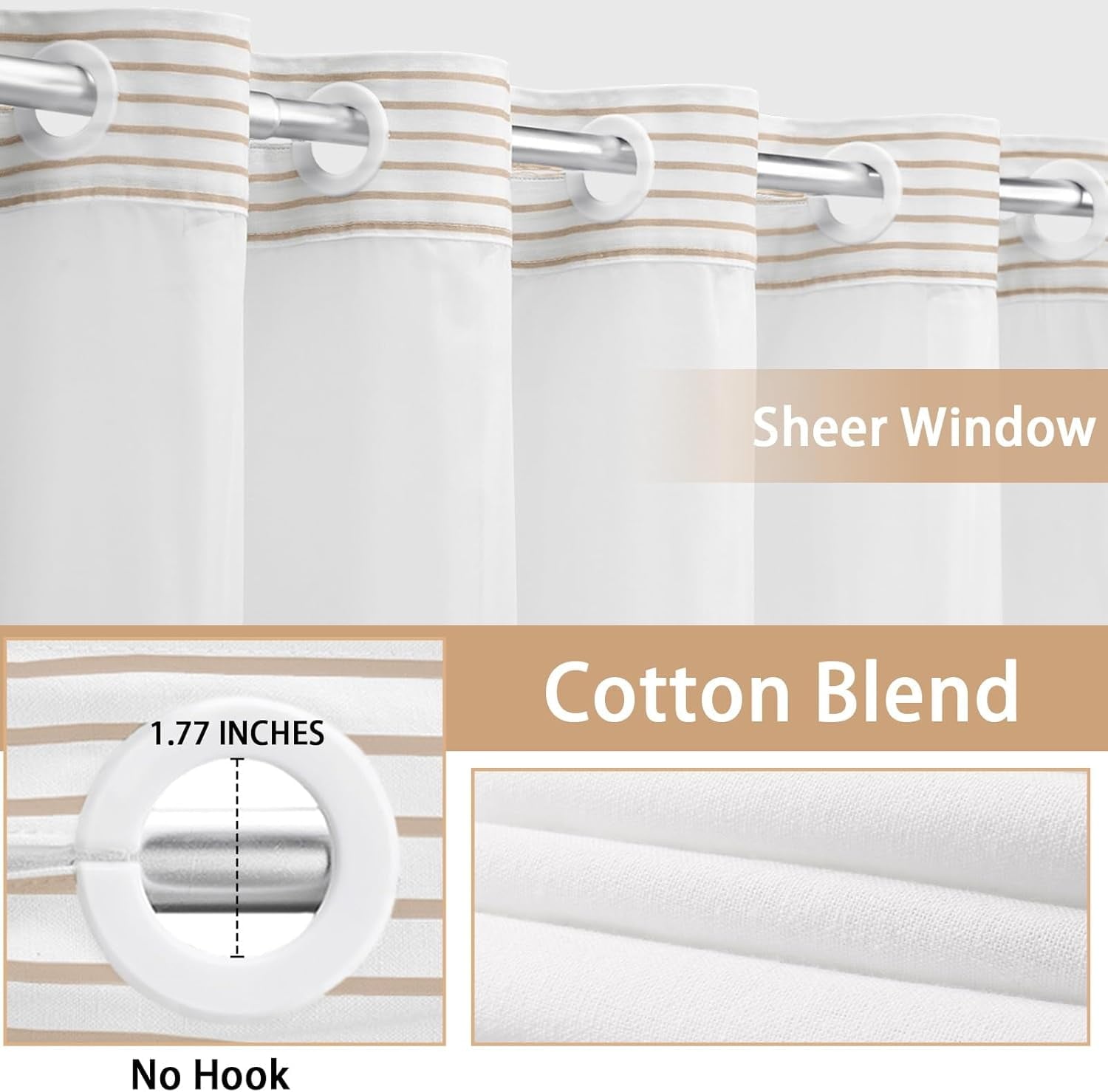 Curtain with Snap in Liner Set Cotton and Linen Blend Curtain for Bathroom Boho Farmhouse Beige Striped 75" L x 72" W - Image 4