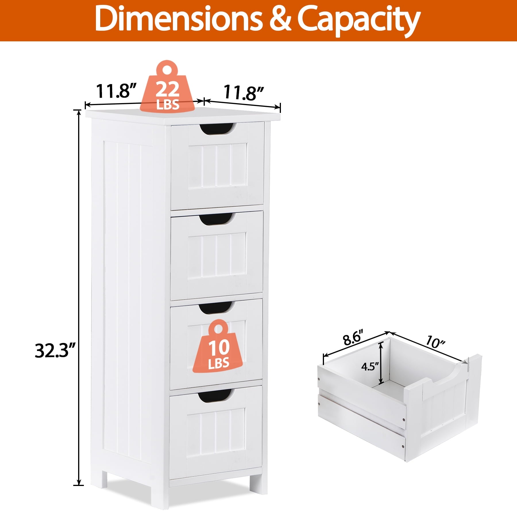 ZENY Bathroom Floor Cabinet Attractive Wooden Side Storage Organizer with 4 Drawers, White - Image 5