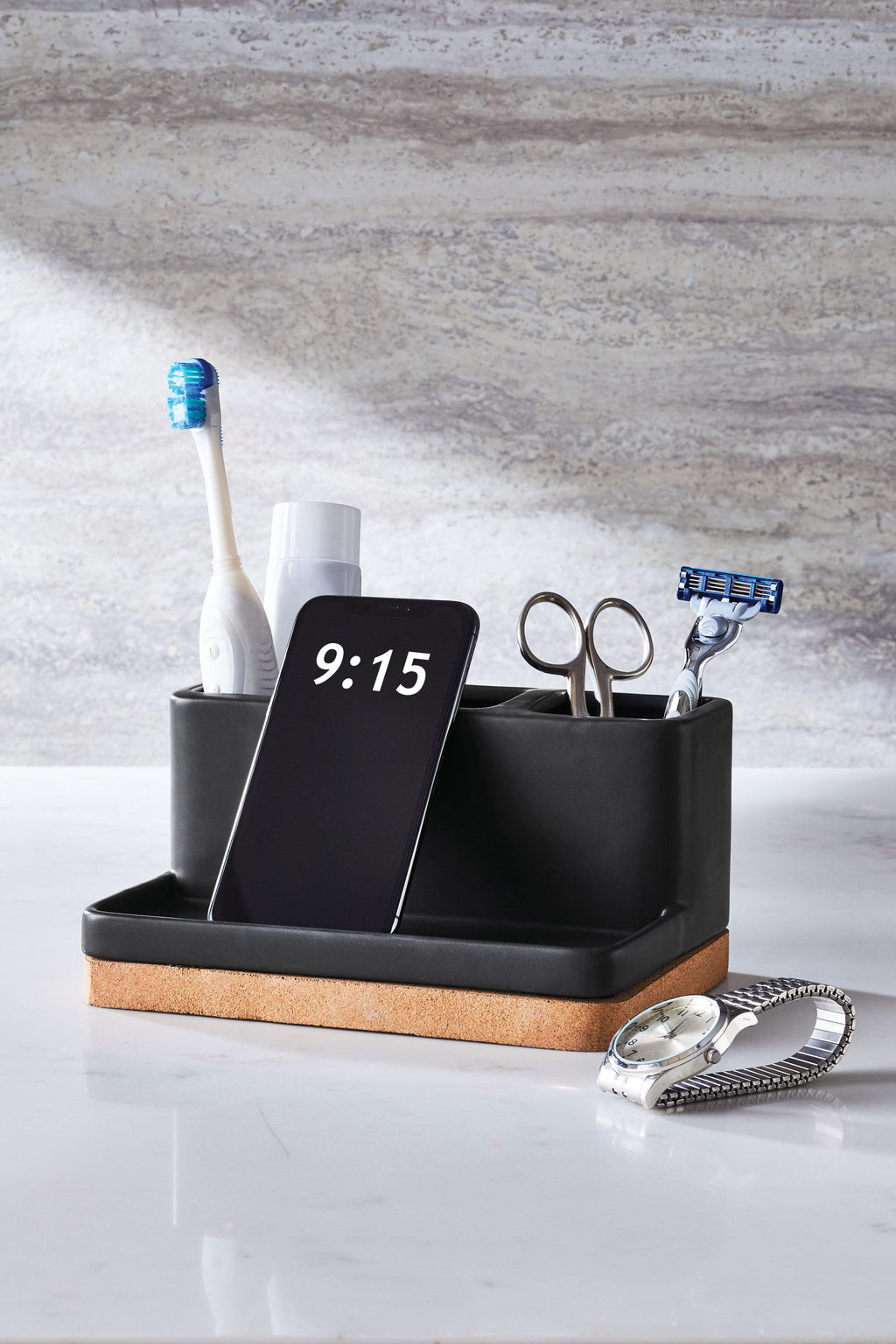 Better Homes & Gardens Matte Black and Cork Vanity Organizer with Tray and 3 Compartments - Image 3