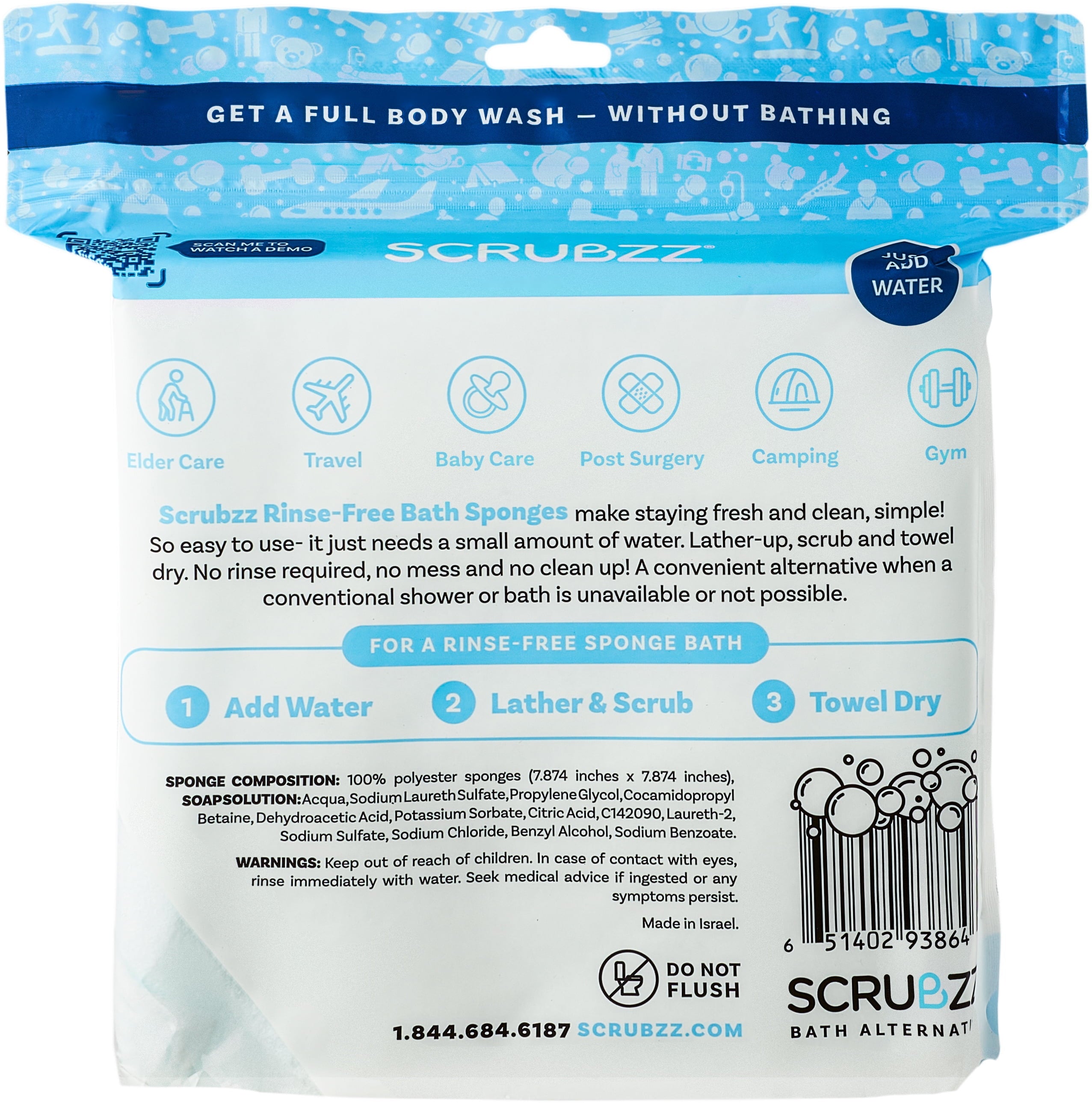 Scrubzz Rinse Free Bath Sponge, No Rinse Bath Wipes - 25 Count - 1 Pack - Image 3