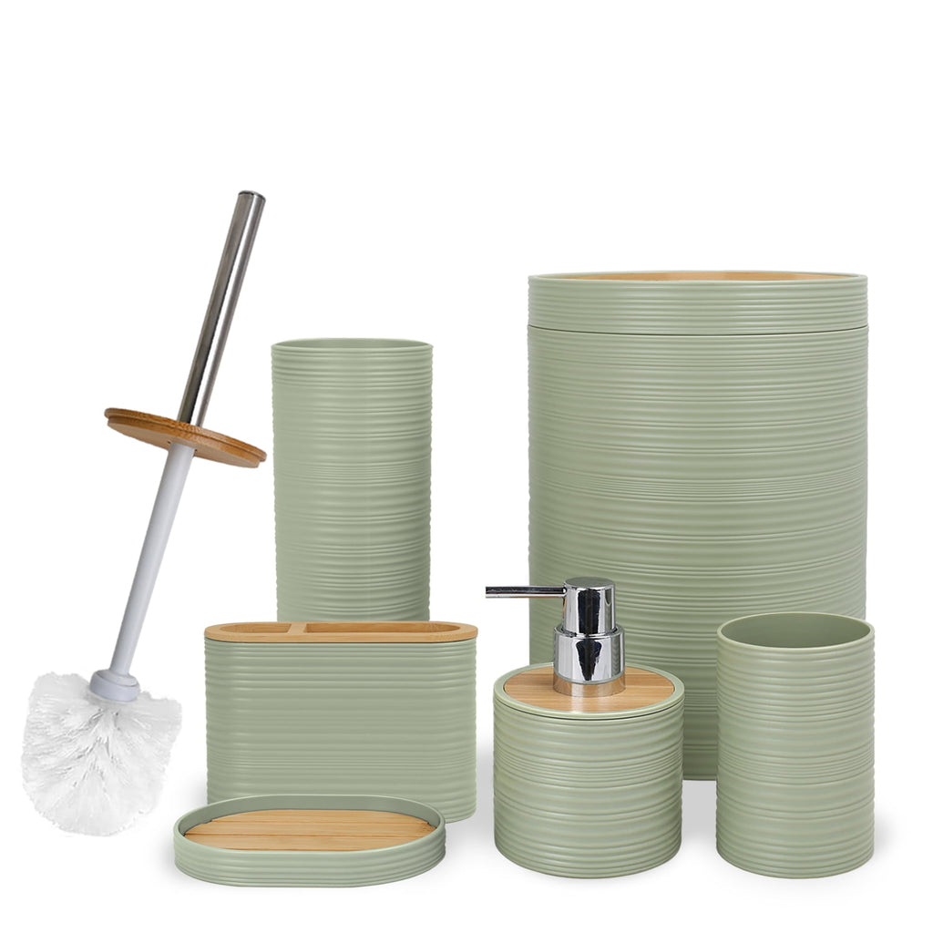 CERBIOR 6 Pcs Bamboo Bathroom Accessories Sets Irregular Stripe Design Complete Set Bathroom Decor Vanity Countertop Accessory Set, Green - Image 5