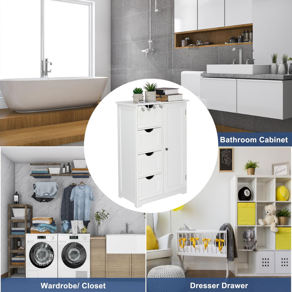 Wooden Bathroom Floor Cabinet, Side Storage Organizer with 4 Drawers, 1 Cupboard & 2-Shelves, White - Image 5