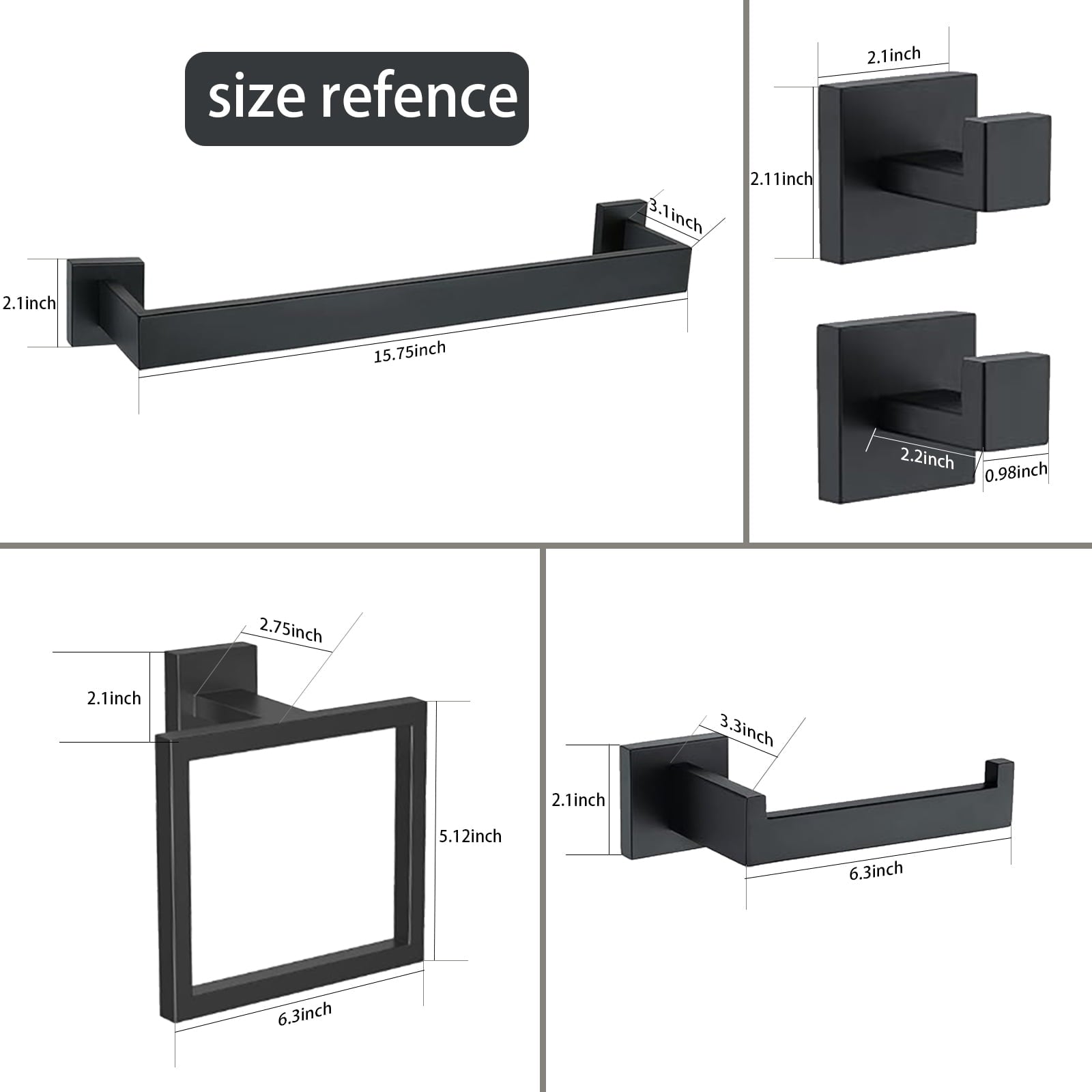 Black 5-Piece Square Bathroom Hardware Set with Towel Bar, Hook, Toilet Paper Holder and Ring（Black） - Image 2