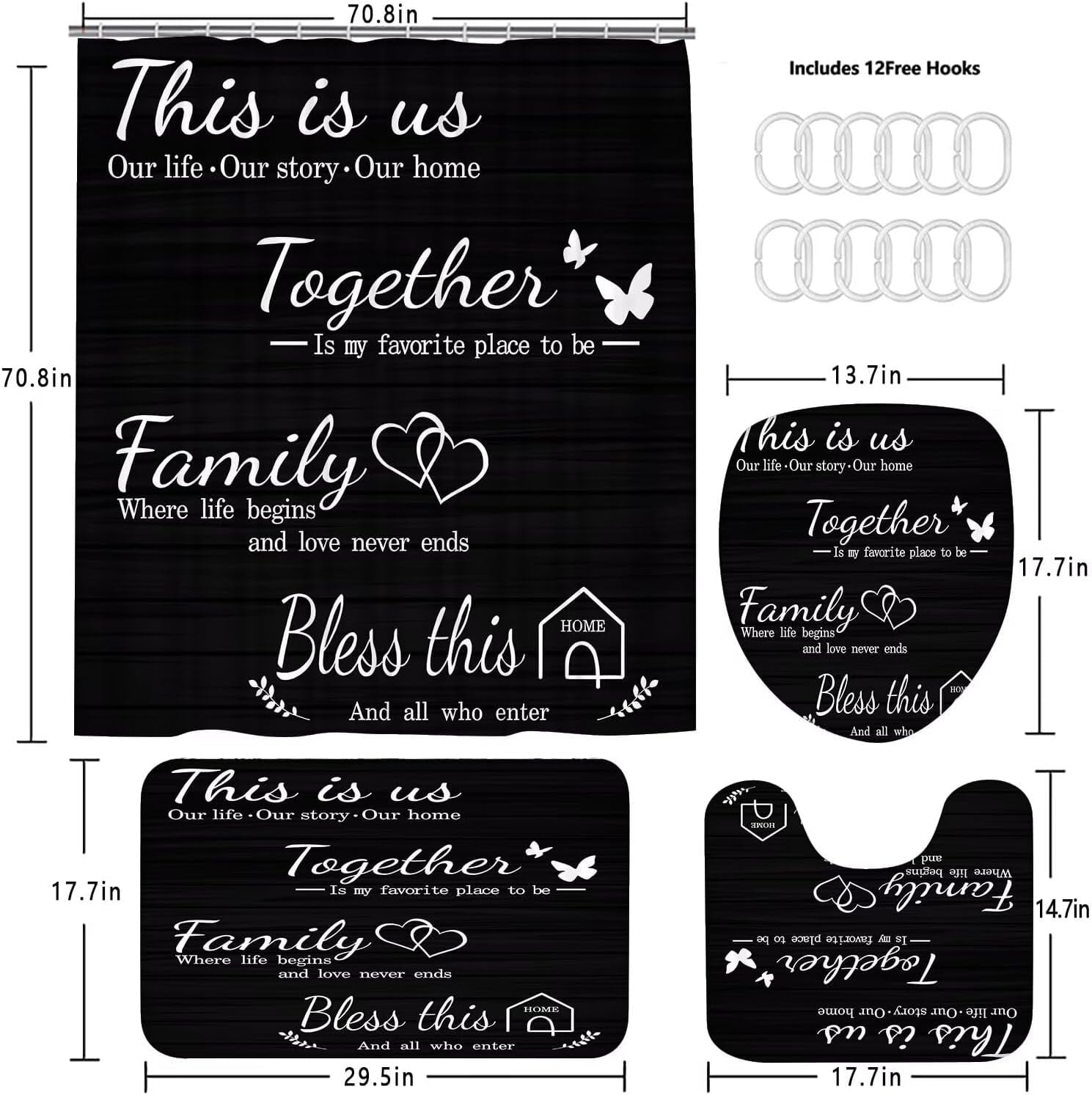 Set Black Home Bathroom Set with and Rugs and Accessories Bathroom Decor with 12 Hooks - Image 4