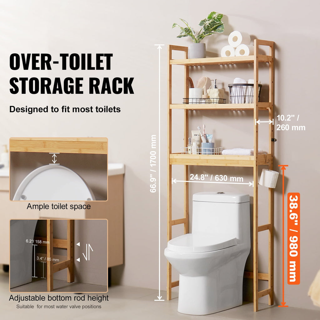 KFFKFF 3-Tier Adjustable Over Toilet Storage Rack, Bamboo Bathroom Organizer with Hooks, Freestanding Shelf for Laundry and Bathroom Space S - Image 2
