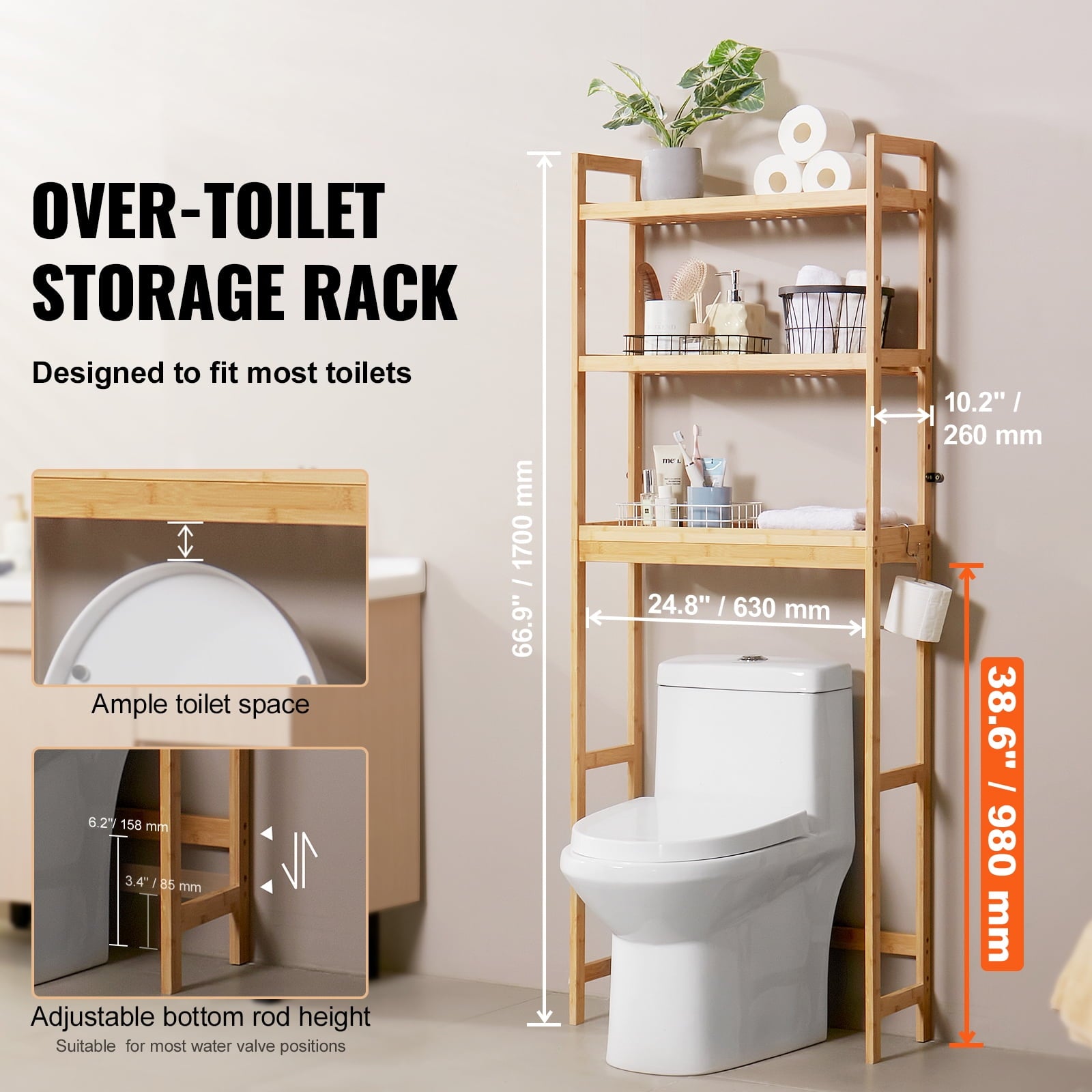Bathroom Storage Above Toilet, 3-Level Adjustable Bamboo Organizer, Shelf Rack with Trio Hooks, Standalone Simple Set... - Image 5