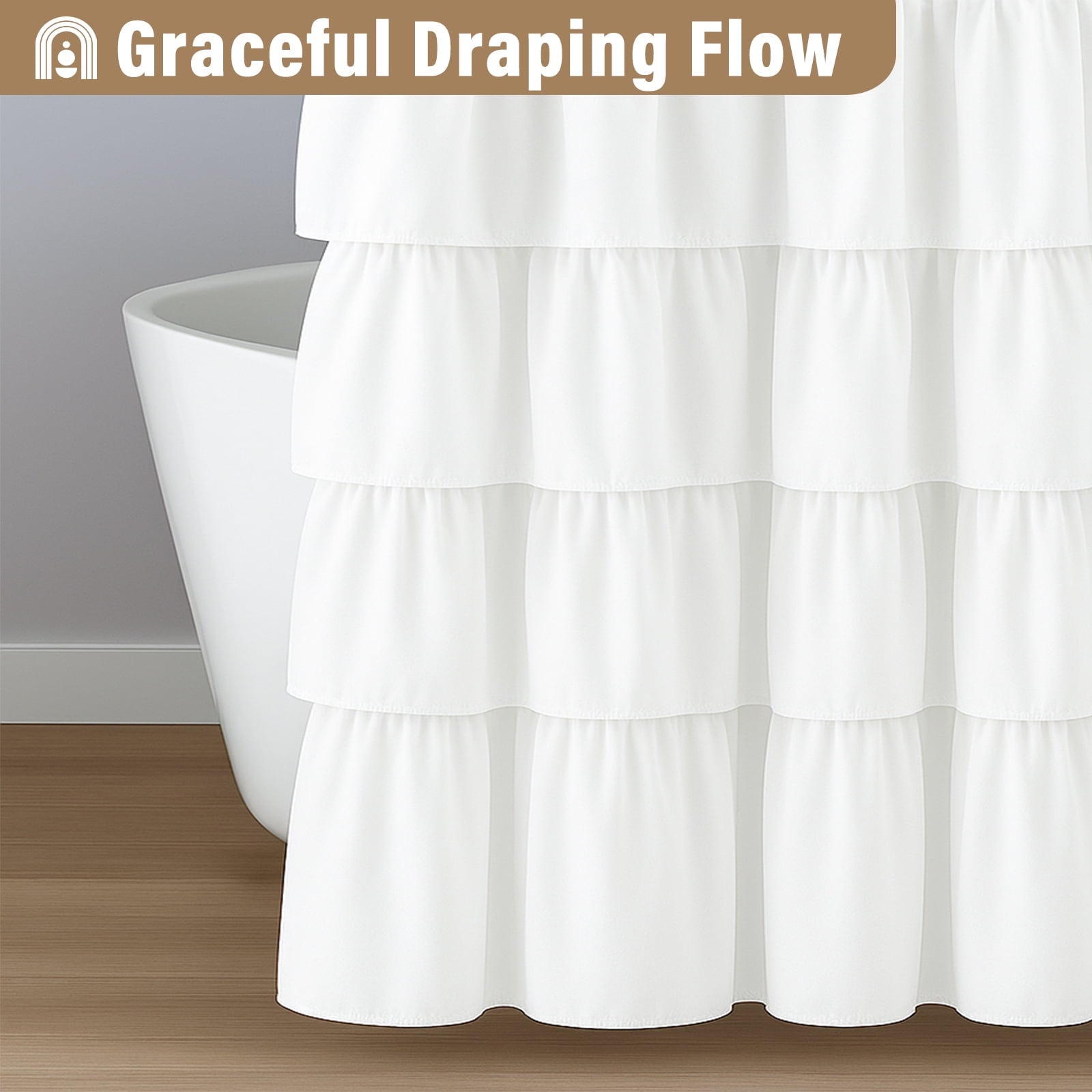 Seasonwood White Ruffle Shower Curtain,Farmhouse Fabric Bathroom Curtain,72" x 72" - Image 2