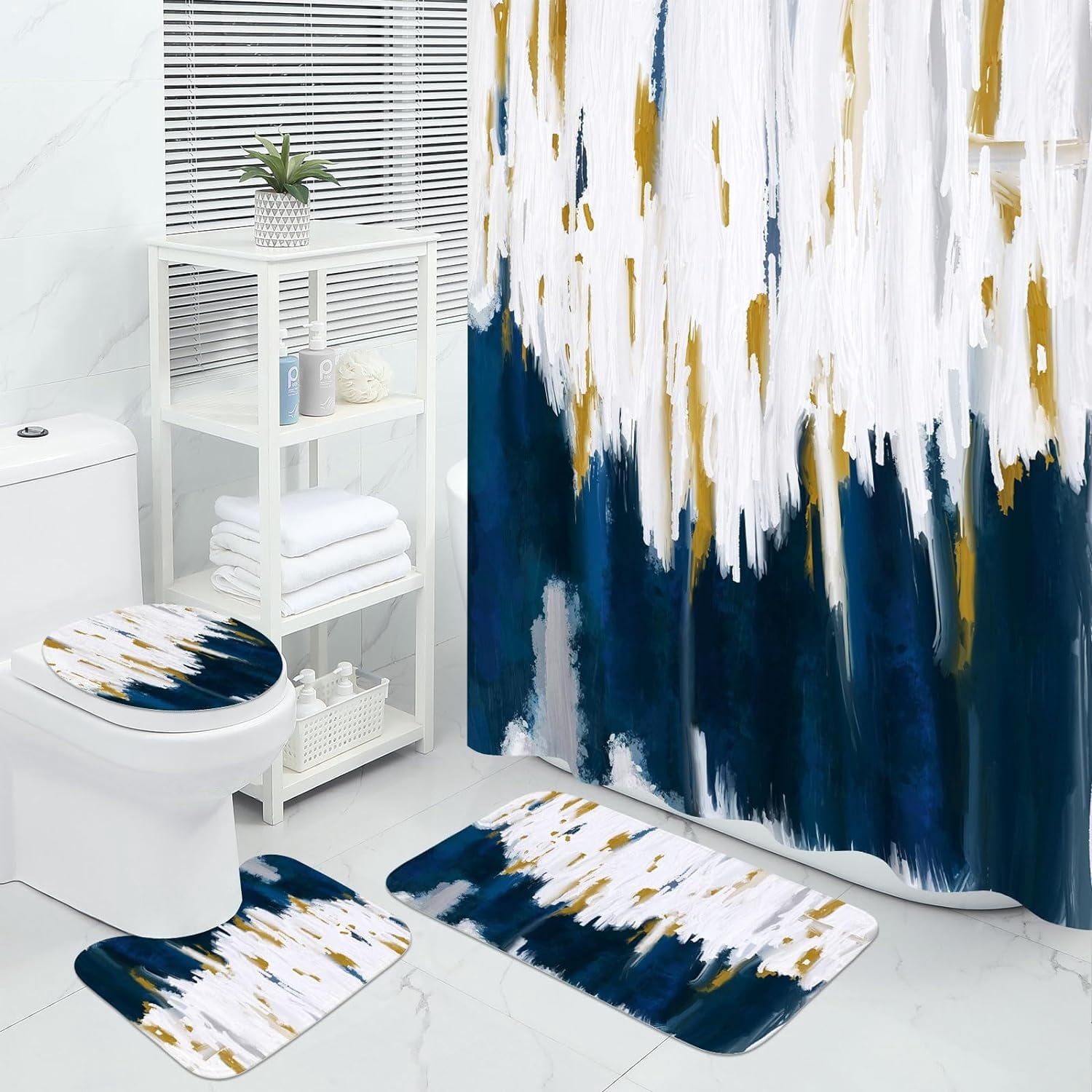 Zrodlmo Abstract Blue Ombre Fabric Shower Curtain and Rug Sets, 16pc Modern Bathroom Curtain Sets, 72" x 72", Blue - Image 3